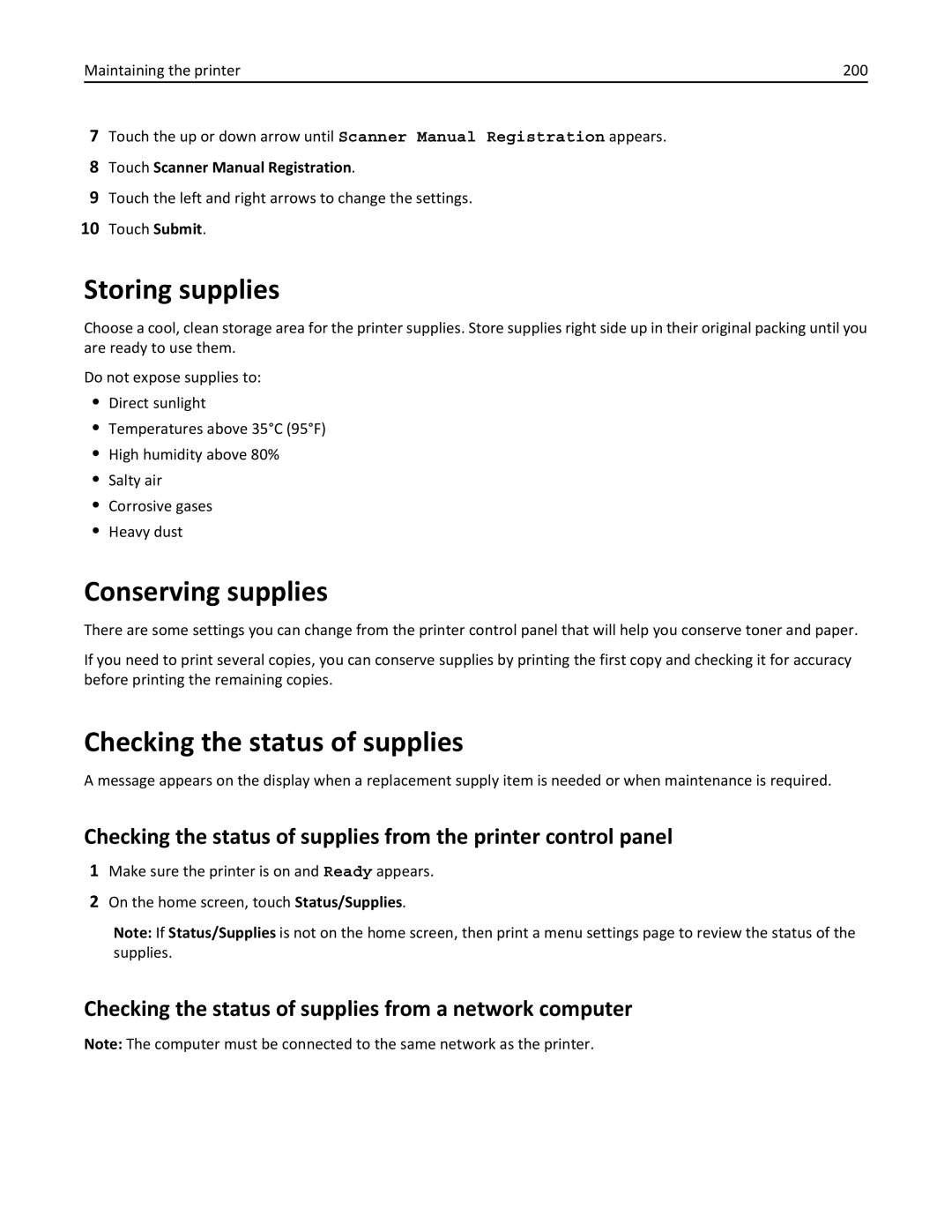 Lexmark 632, 432 Storing supplies, Conserving supplies, Checking the status of supplies, Touch Scanner Manual Registration 