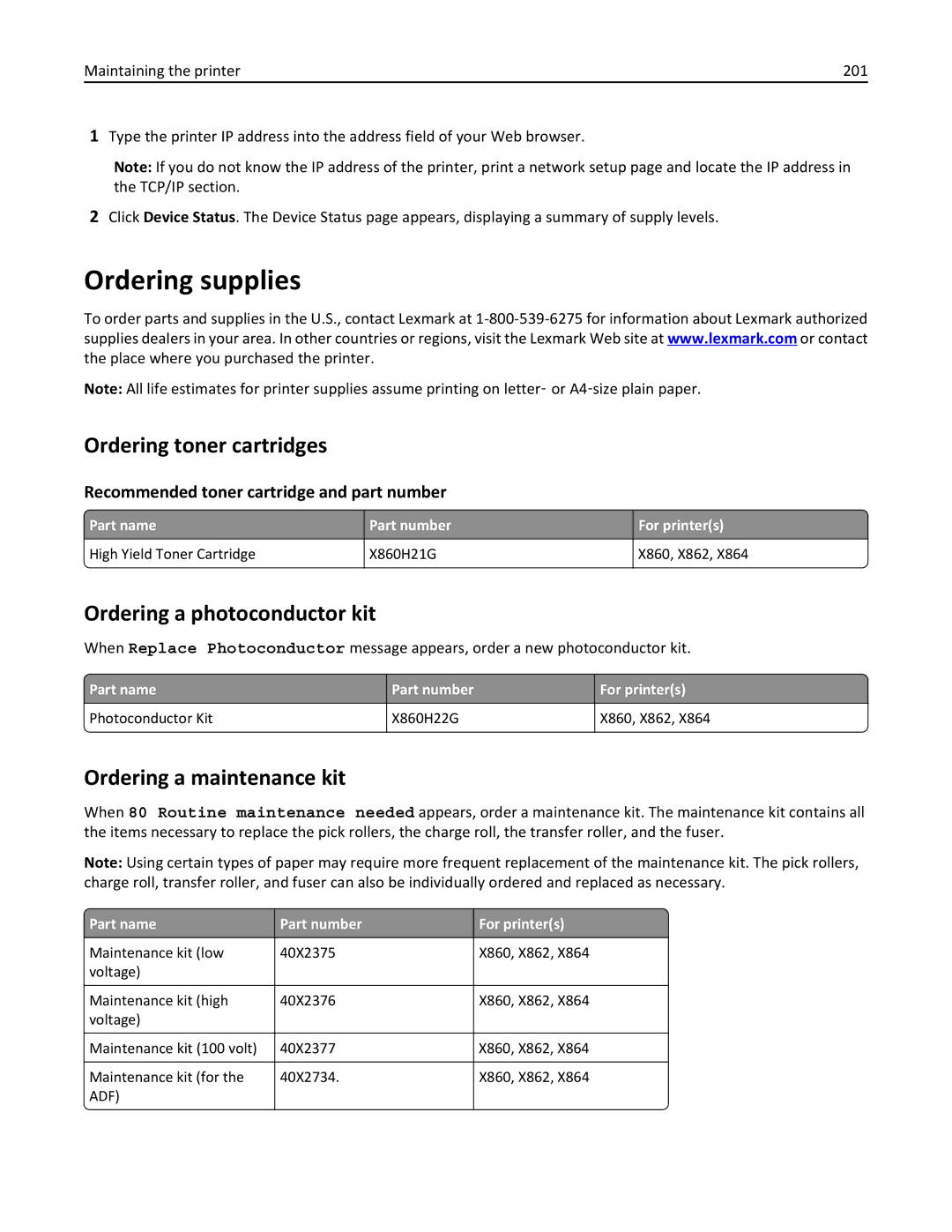 Lexmark 832, 432 Ordering supplies, Ordering toner cartridges, Ordering a photoconductor kit, Ordering a maintenance kit 