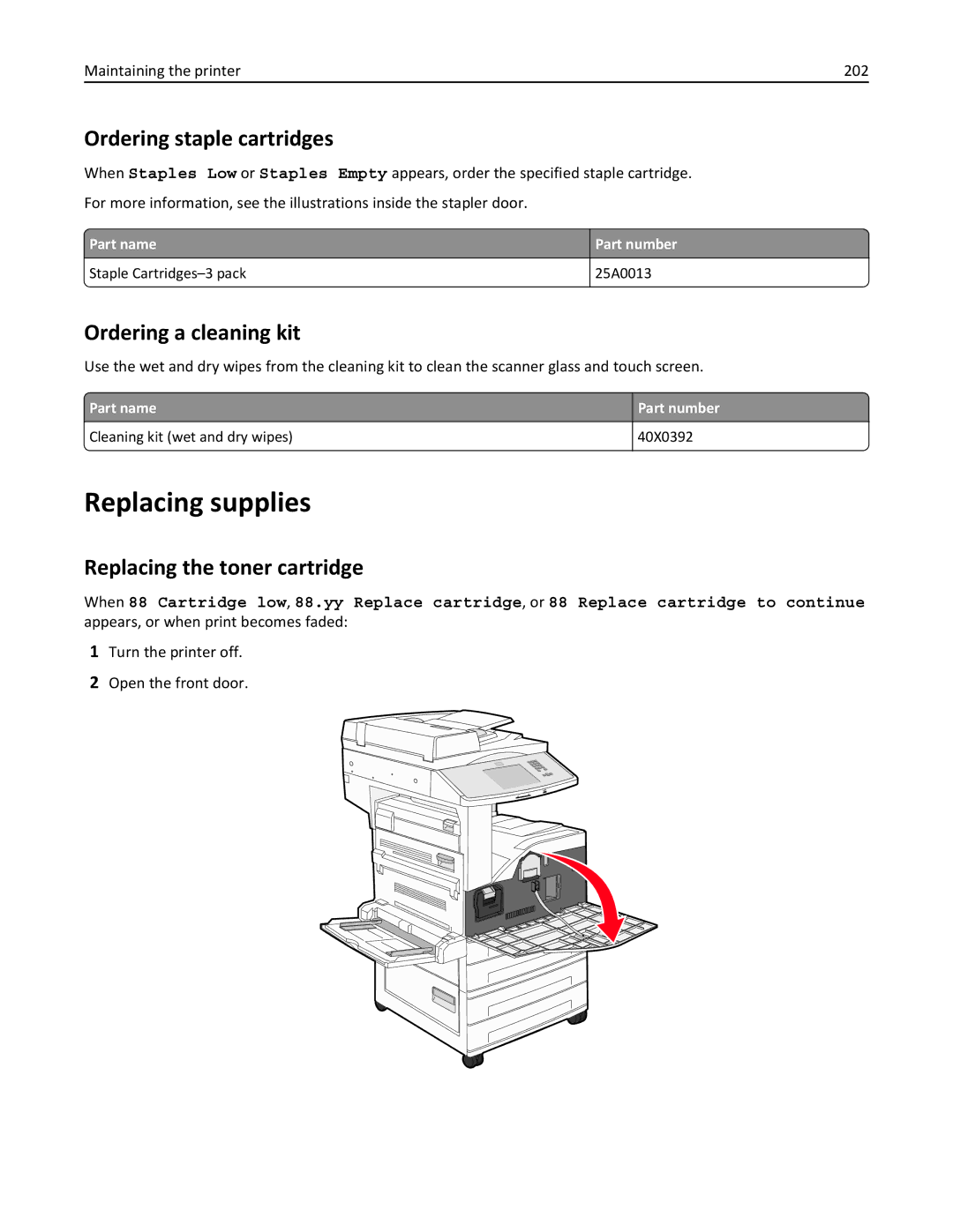 Lexmark X860DE, 432 Replacing supplies, Ordering staple cartridges, Ordering a cleaning kit, Replacing the toner cartridge 