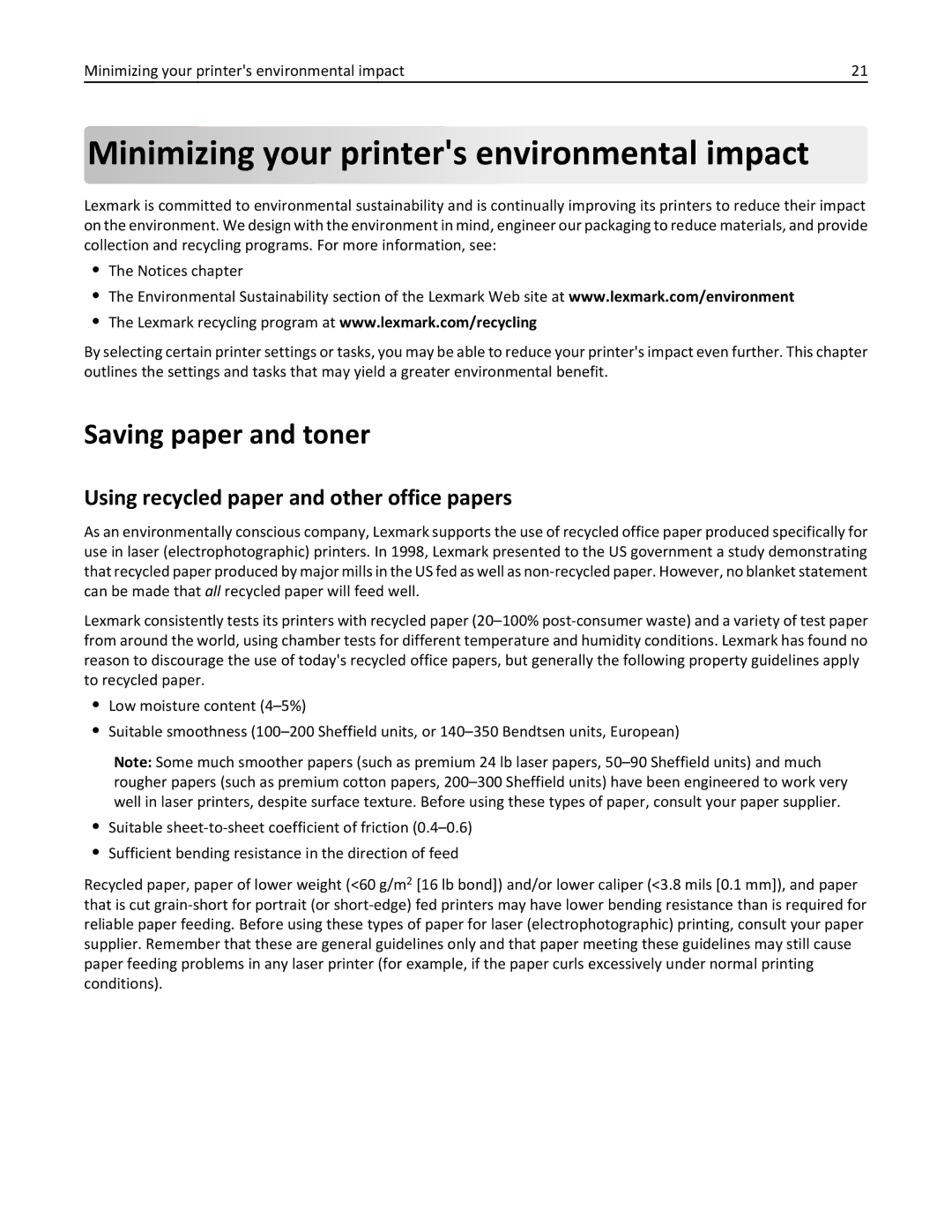 Lexmark 19Z0102, 432, 19Z0101, 632, 832, X860DE, X862DE Minimizing your printers environmental impact, Saving paper and toner 