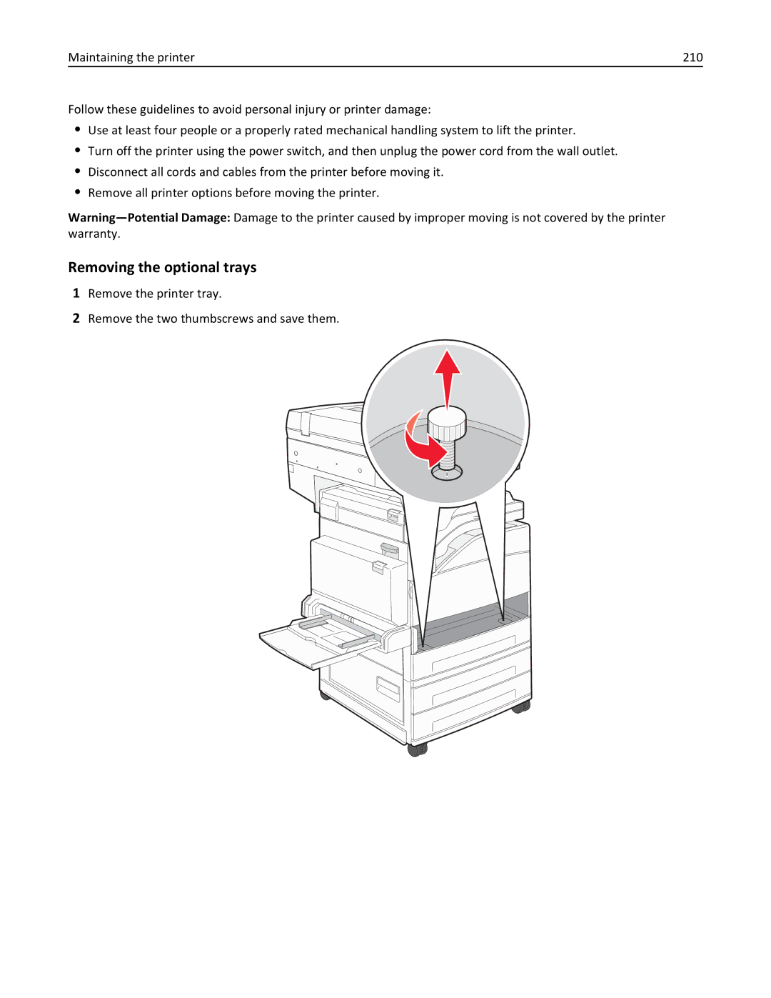 Lexmark 19Z0101, 432, 632, 832, X860DE, X862DE, X864DE, 19Z4028, 19Z0202, 19Z0200, 19Z0102 manual Removing the optional trays 