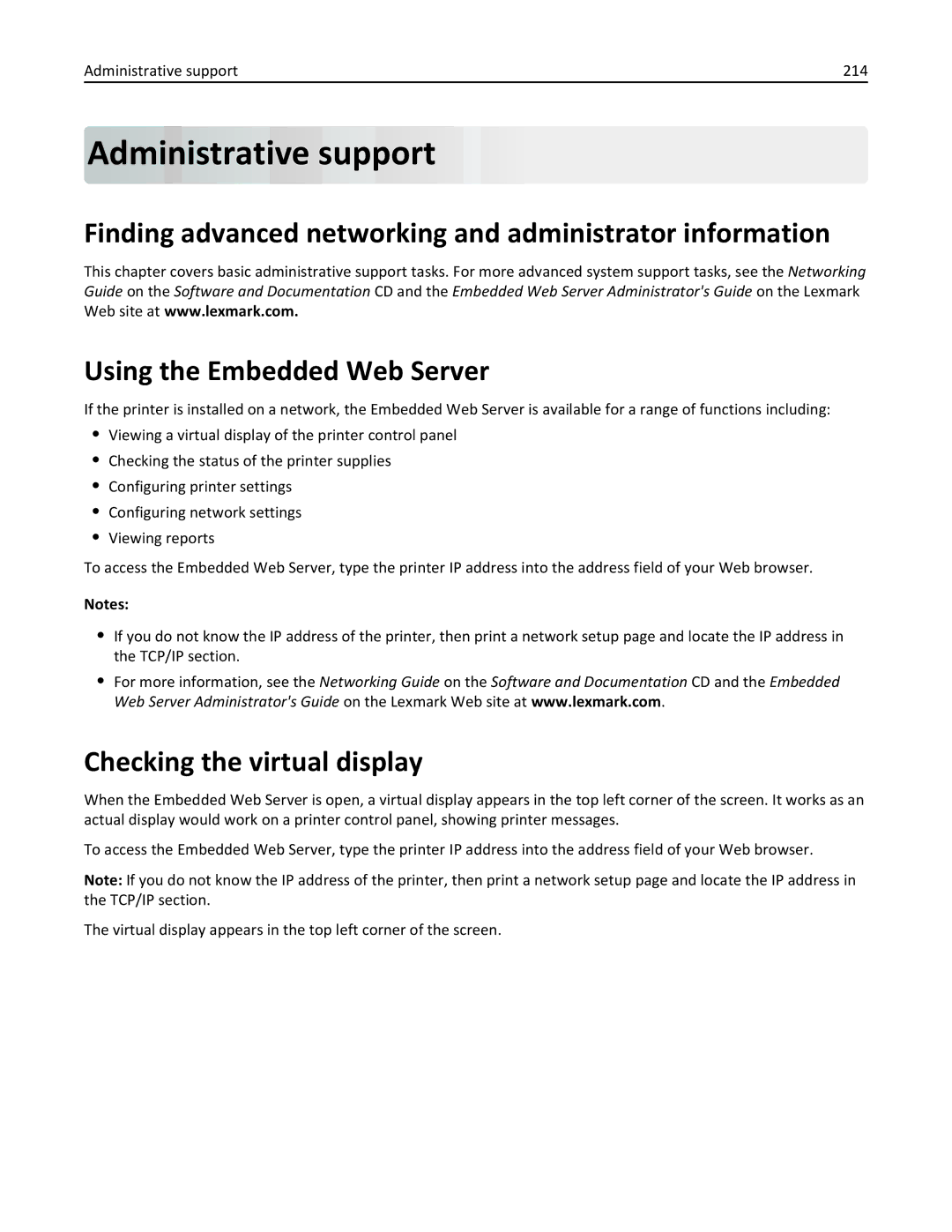 Lexmark X862DE, 432, 19Z0101, 632, 832, X860DE, X864DE, 19Z4028 Checking the virtual display, Administrative support 214 