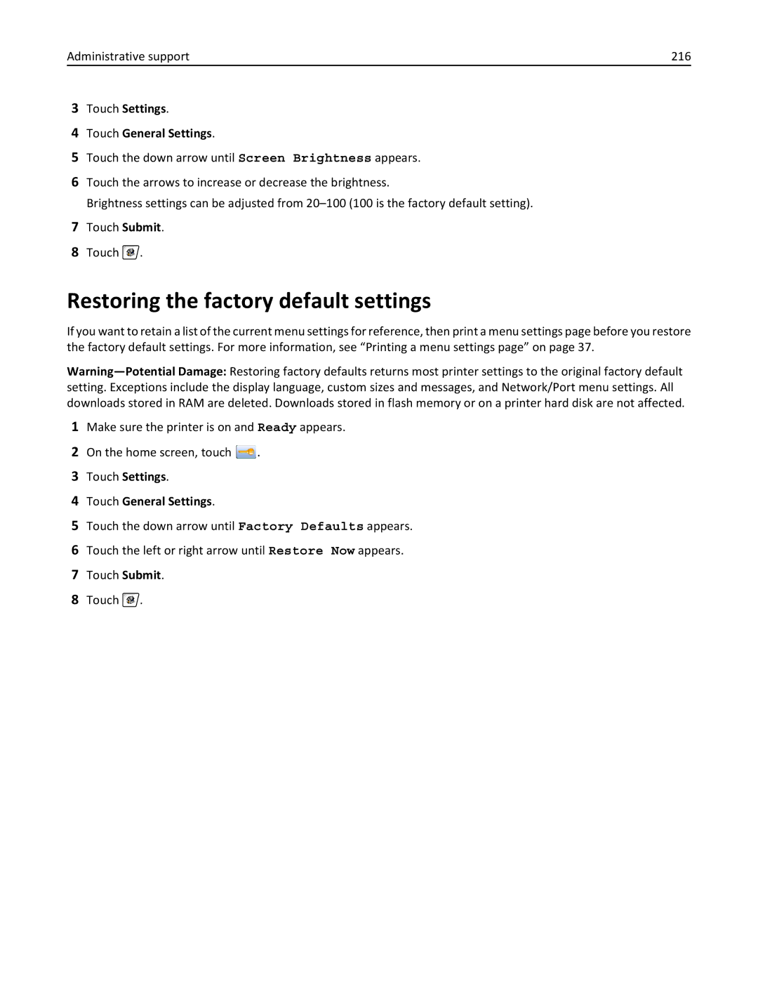 Lexmark 19Z4028, 432, 19Z0101, 632, 832, X860DE, X862DE manual Restoring the factory default settings, Administrative support 216 