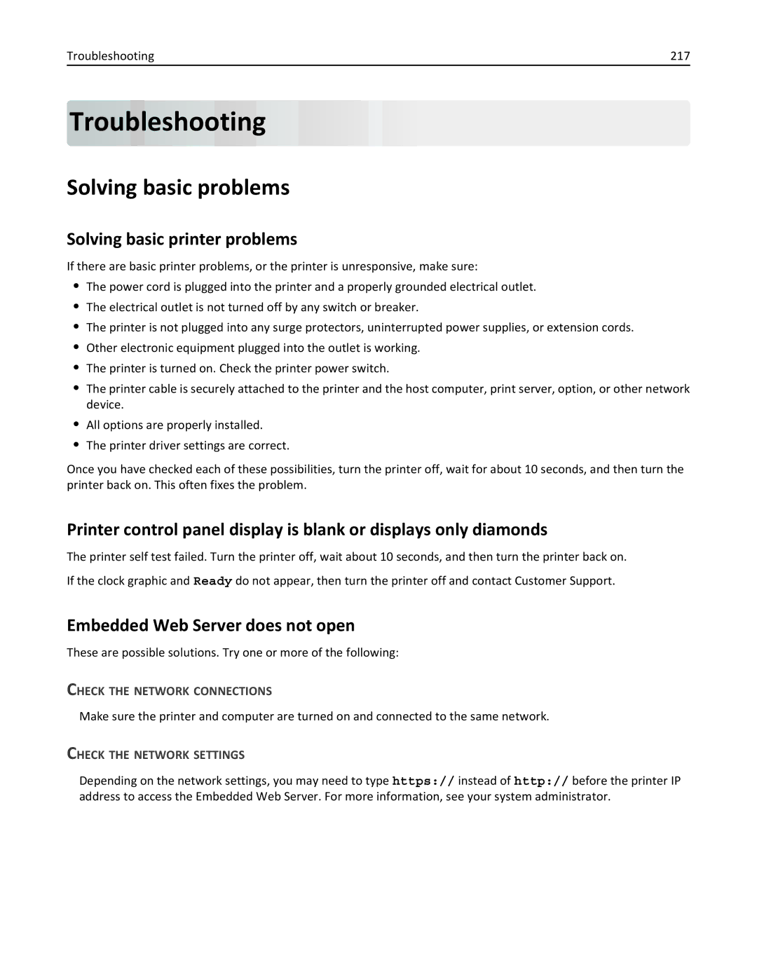 Lexmark 19Z0202 Troubleshooting, Solving basic problems, Solving basic printer problems, Embedded Web Server does not open 