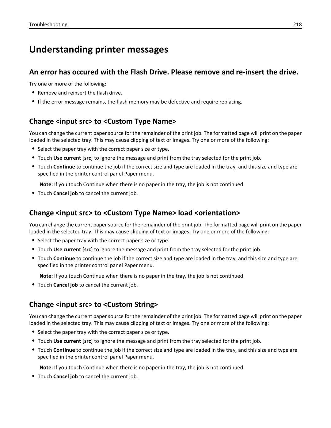 Lexmark 19Z0200 Understanding printer messages, Change input src to Custom Type Name, Change input src to Custom String 