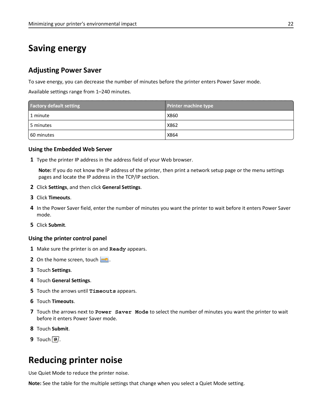 Lexmark 432, 19Z0101, 632, 832 Saving energy, Reducing printer noise, Adjusting Power Saver, Using the Embedded Web Server 