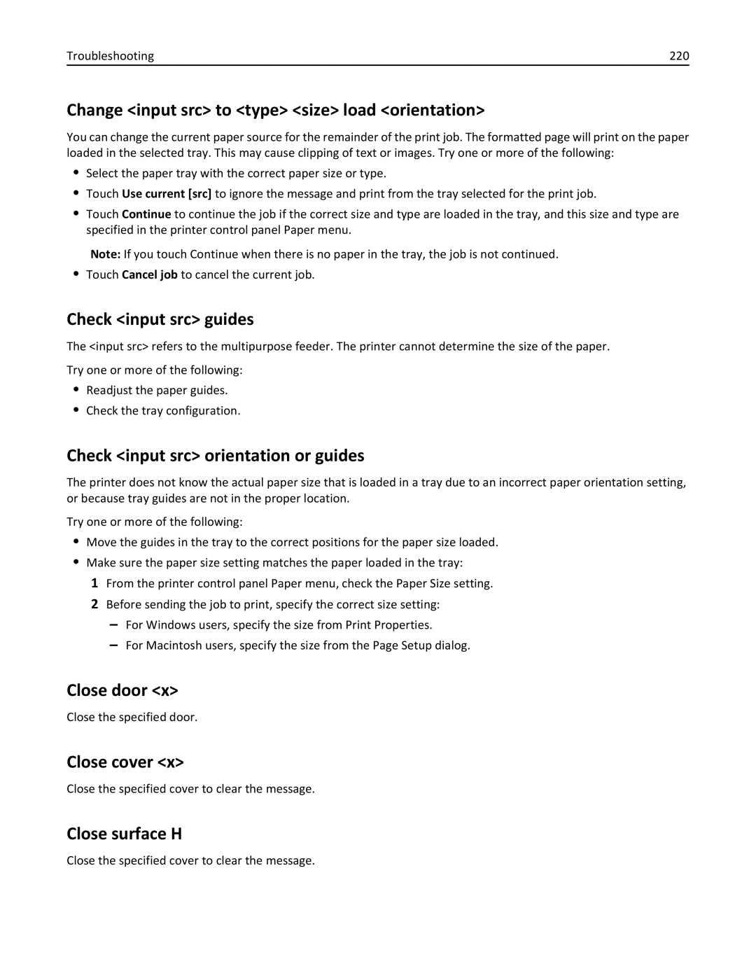 Lexmark 432 Change input src to type size load orientation, Check input src guides, Check input src orientation or guides 