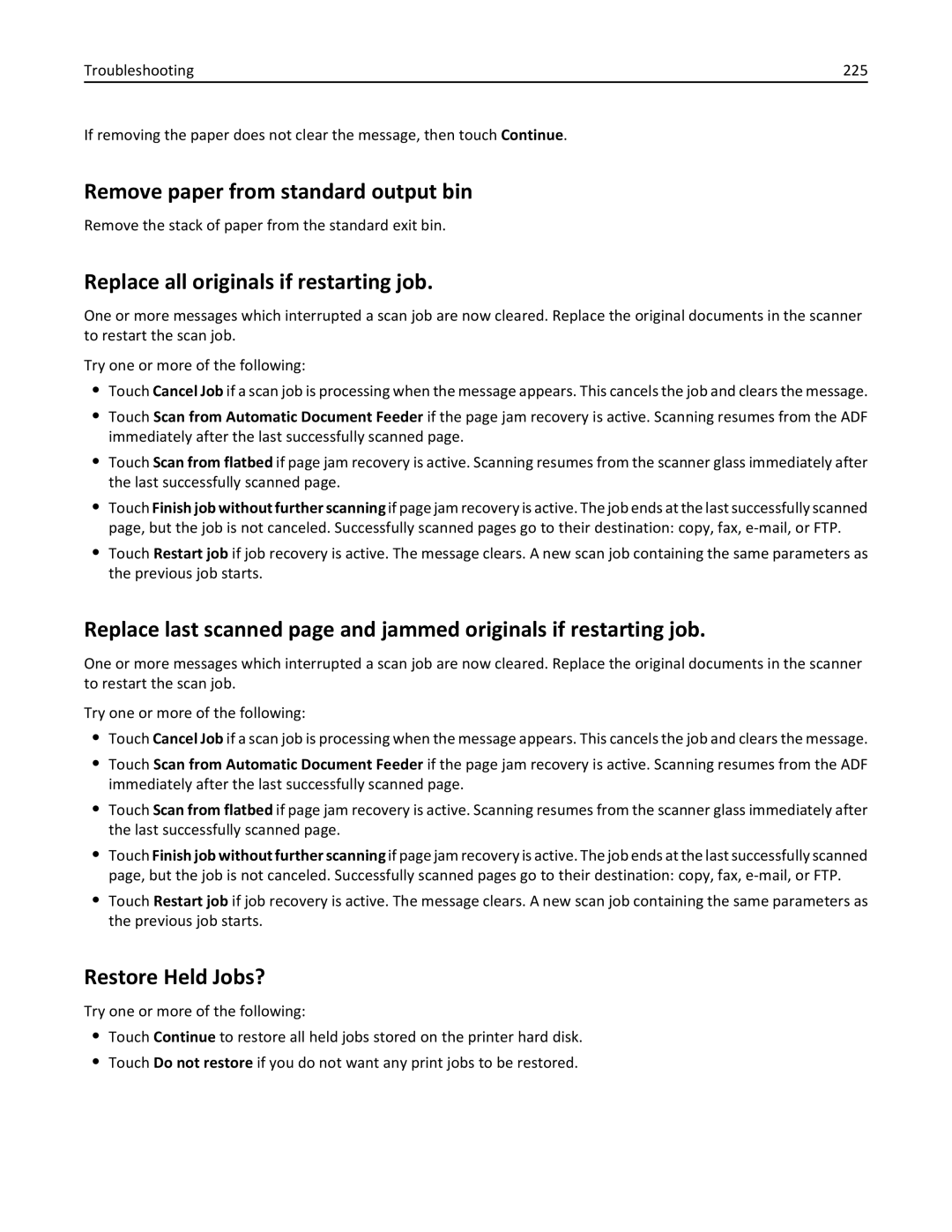 Lexmark X862DE, 432, 632 Remove paper from standard output bin, Replace all originals if restarting job, Restore Held Jobs? 