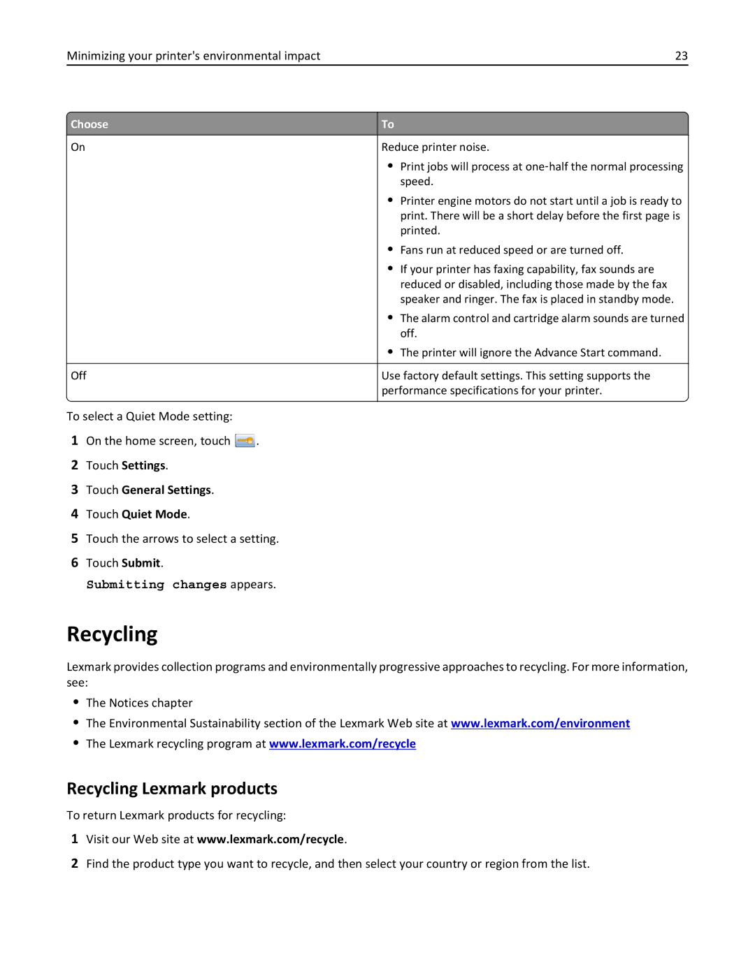 Lexmark 19Z0101, 432, 632, 832 manual Recycling Lexmark products, To select a Quiet Mode setting On the home screen, touch 