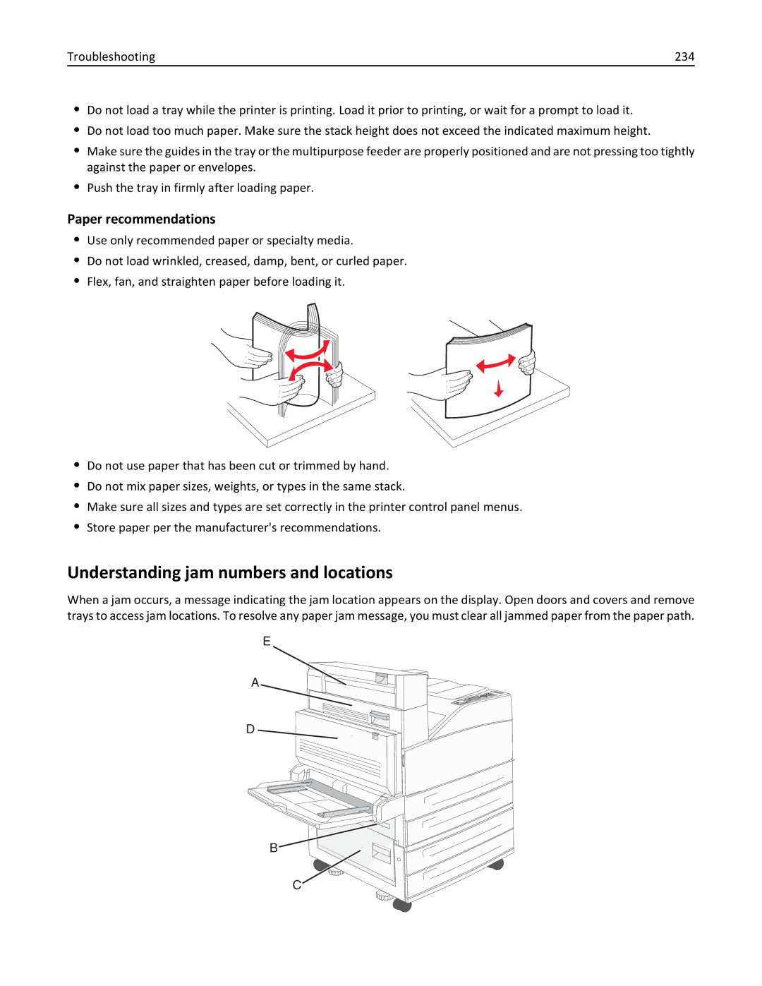 Lexmark 832, 432, 19Z0101, 632, X860DE, X862DE, X864DE, 19Z4028 Understanding jam numbers and locations, Paper recommendations 