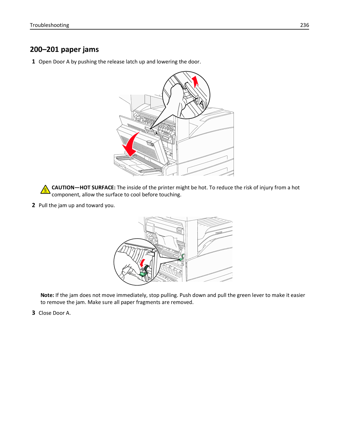 Lexmark X862DE, 432, 19Z0101, 632, 832, X860DE, X864DE, 19Z4028, 19Z0202, 19Z0200, 19Z0102 manual Paper jams, Troubleshooting 236 