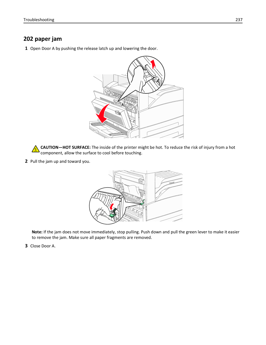 Lexmark X864DE, 432, 19Z0101, 632, 832, X860DE, X862DE, 19Z4028, 19Z0202, 19Z0200, 19Z0102 manual Paper jam, Troubleshooting 237 