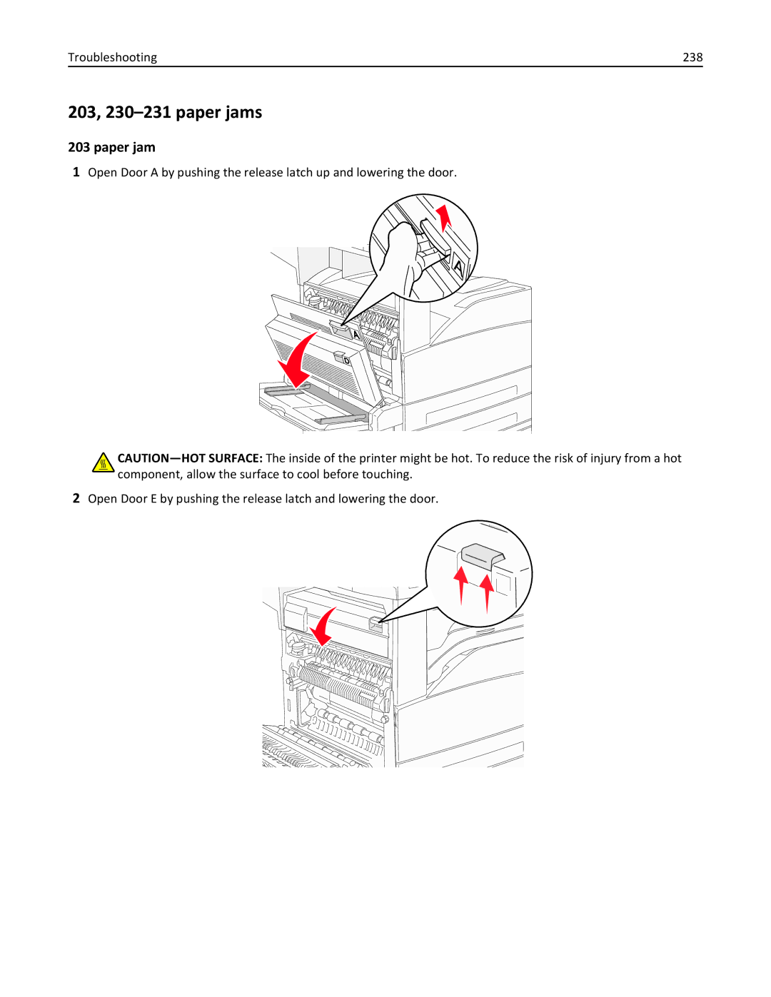 Lexmark 19Z4028, 432, 19Z0101, 632, 832, X860DE, X862DE, X864DE, 19Z0202 203, 230-231 paper jams, Paper jam, Troubleshooting 238 