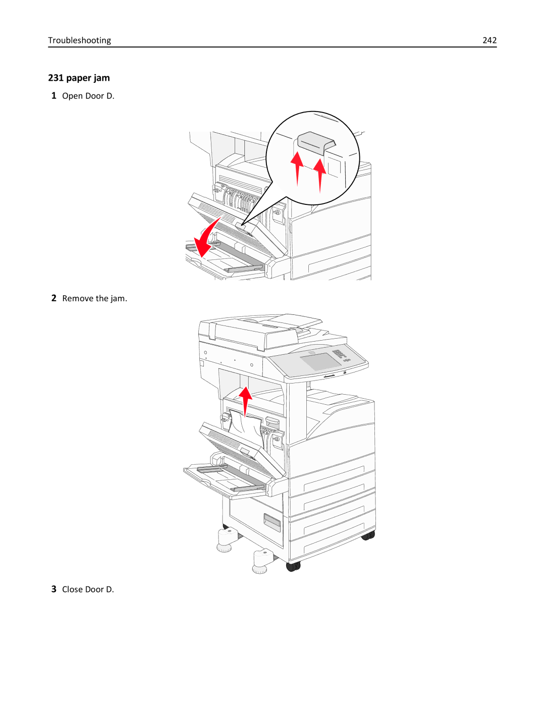 Lexmark 432, 19Z0101, 632, 832, X860DE, X862DE, X864DE, 19Z4028 Troubleshooting 242, Open Door D Remove the jam Close Door D 