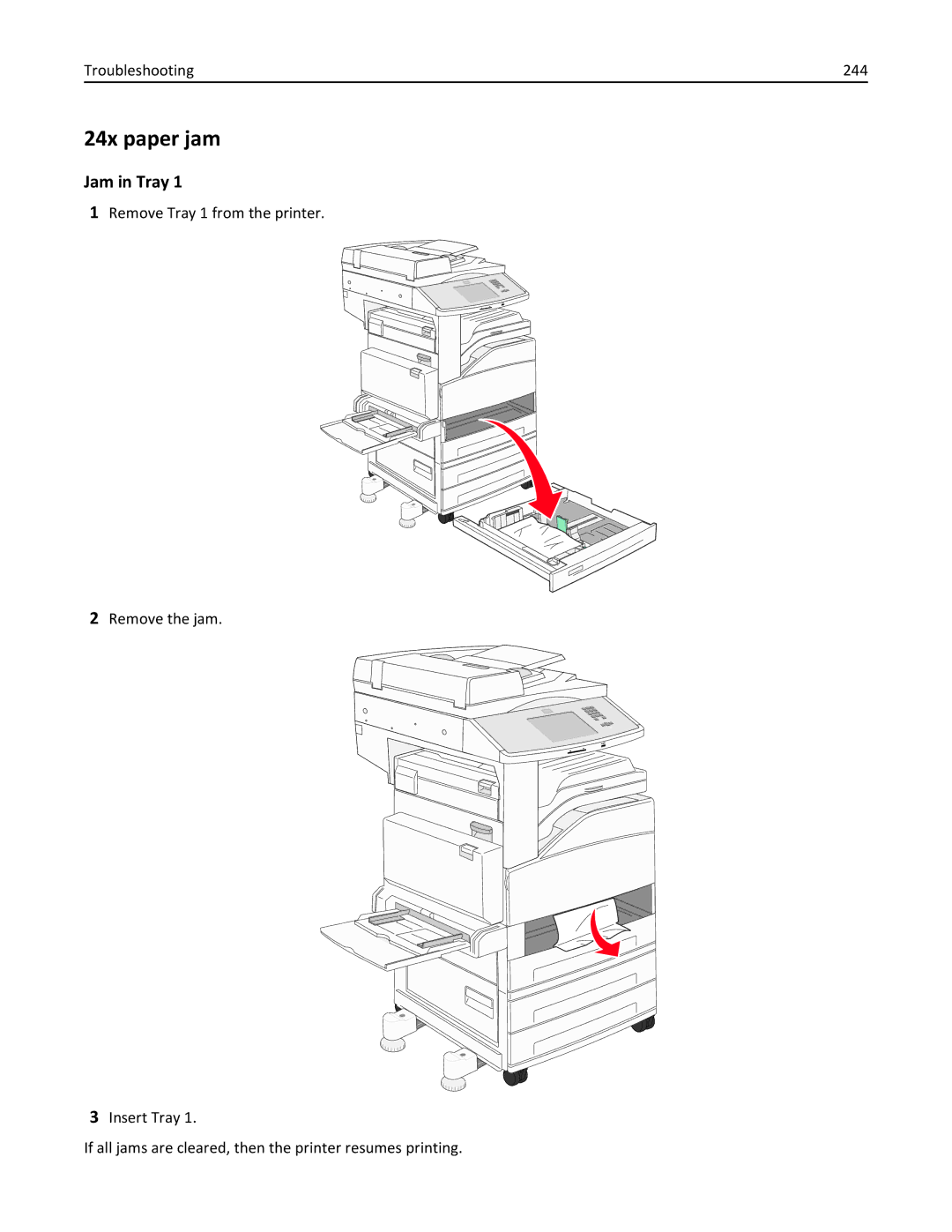 Lexmark 632, 432, 19Z0101, 832, X860DE, X862DE, X864DE, 19Z4028, 19Z0202, 19Z0200 24x paper jam, Jam in Tray, Troubleshooting 244 