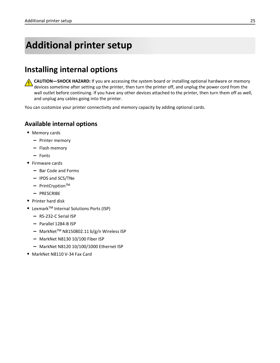 Lexmark 832, 432, 19Z0101, 632, X860DE manual Additional printer setup, Installing internal options, Available internal options 