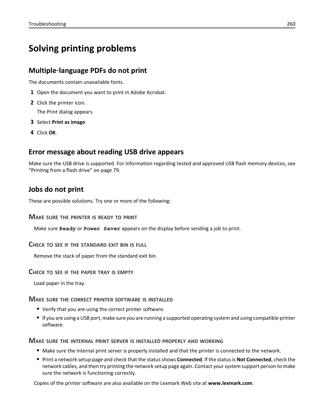 Lexmark 19Z4028, 432, 19Z0101 Solving printing problems, Error message about reading USB drive appears, Jobs do not print 