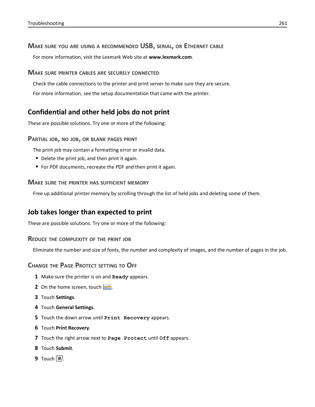 Lexmark 19Z0202, 432, 19Z0101, 632 Confidential and other held jobs do not print, Job takes longer than expected to print 