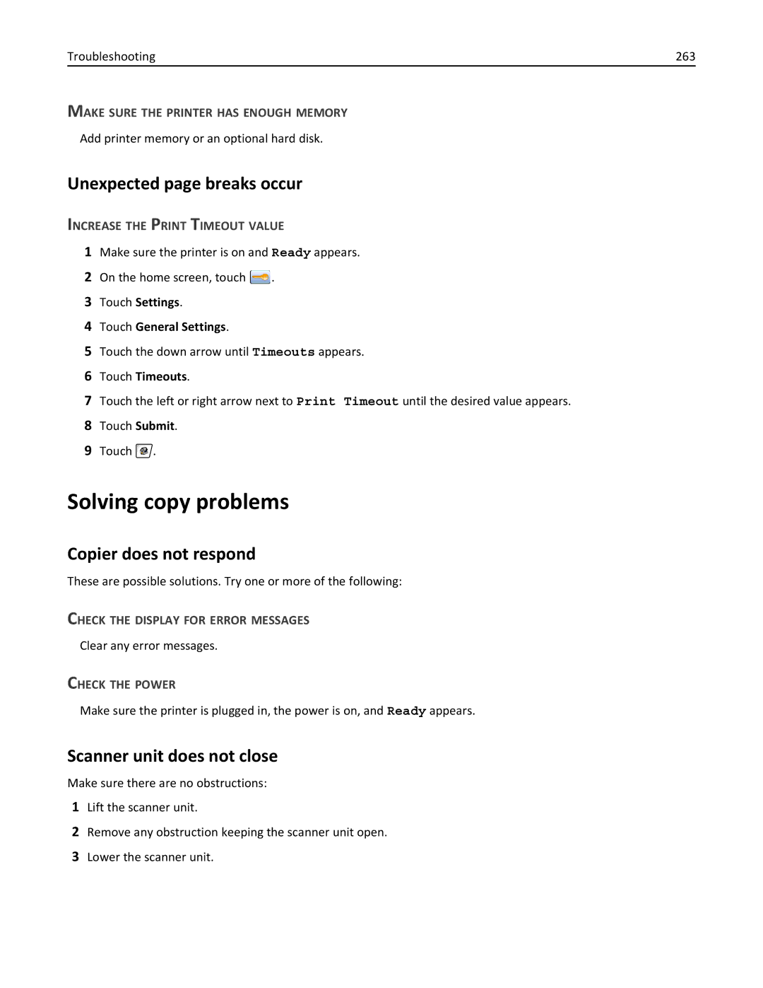 Lexmark 19Z0102 Solving copy problems, Unexpected page breaks occur, Copier does not respond, Scanner unit does not close 