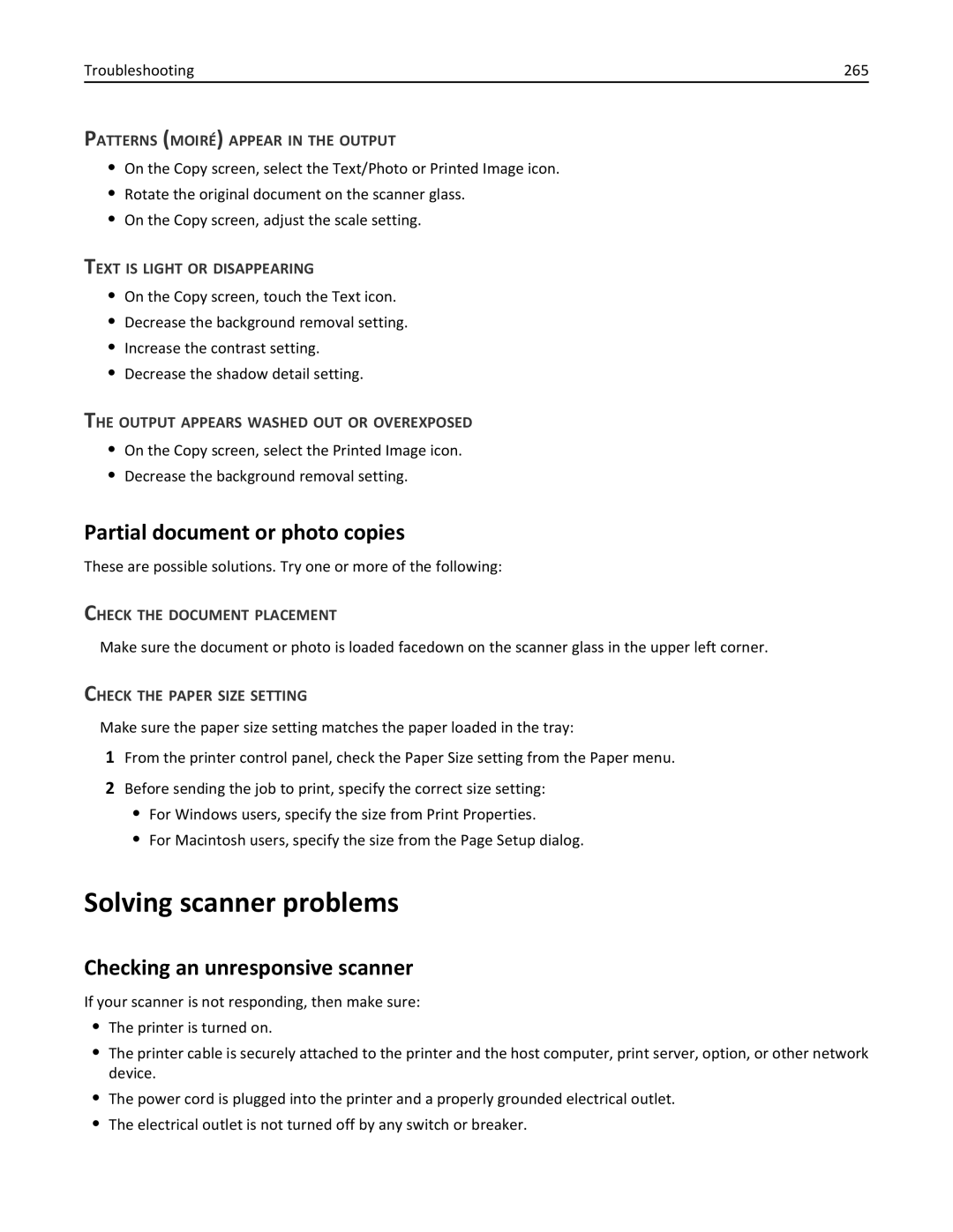 Lexmark 19Z0101, 432, 632, 832 Solving scanner problems, Partial document or photo copies, Checking an unresponsive scanner 