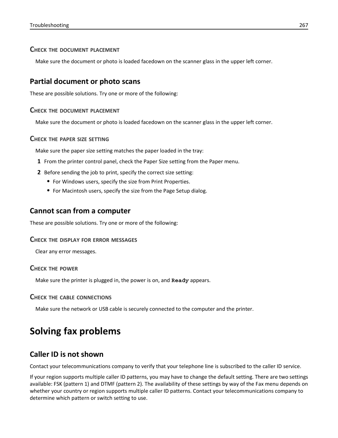 Lexmark 832 Solving fax problems, Partial document or photo scans, Cannot scan from a computer, Caller ID is not shown 