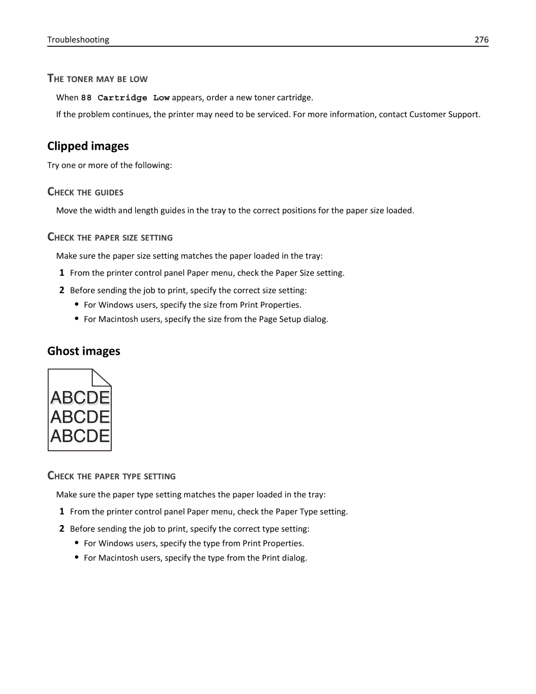 Lexmark 19Z0101, 432, 632, 832, X860DE, X862DE, X864DE manual Clipped images, Ghost images, Troubleshooting 276, Check the Guides 