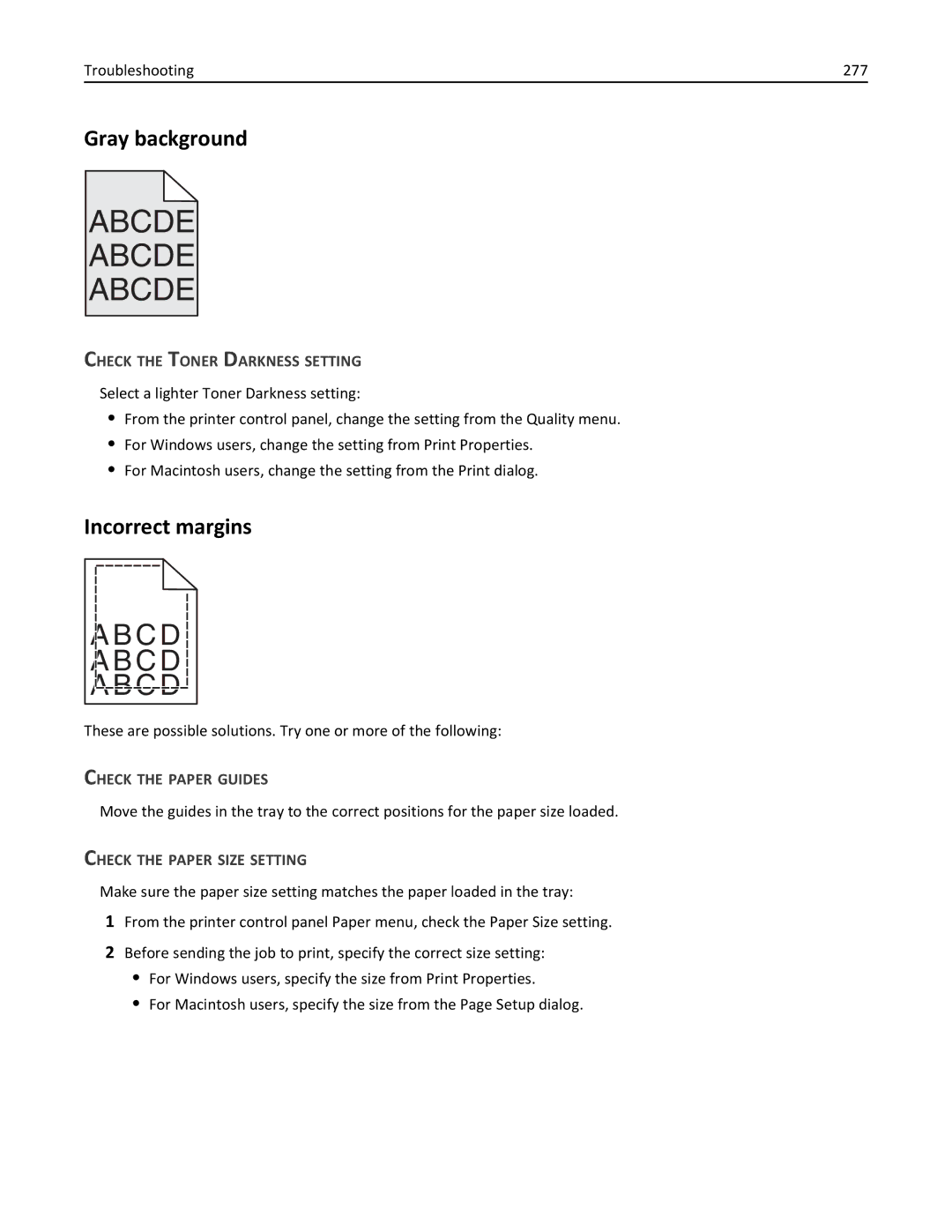Lexmark 632, 432, 19Z0101, 832 Gray background, Incorrect margins, Troubleshooting 277, Check the Toner Darkness Setting 