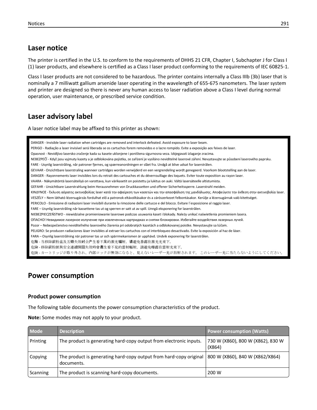 Lexmark X862DE, 432, 19Z0101, 632, 832 manual Laser notice, Laser advisory label, Power consumption, Product power consumption 