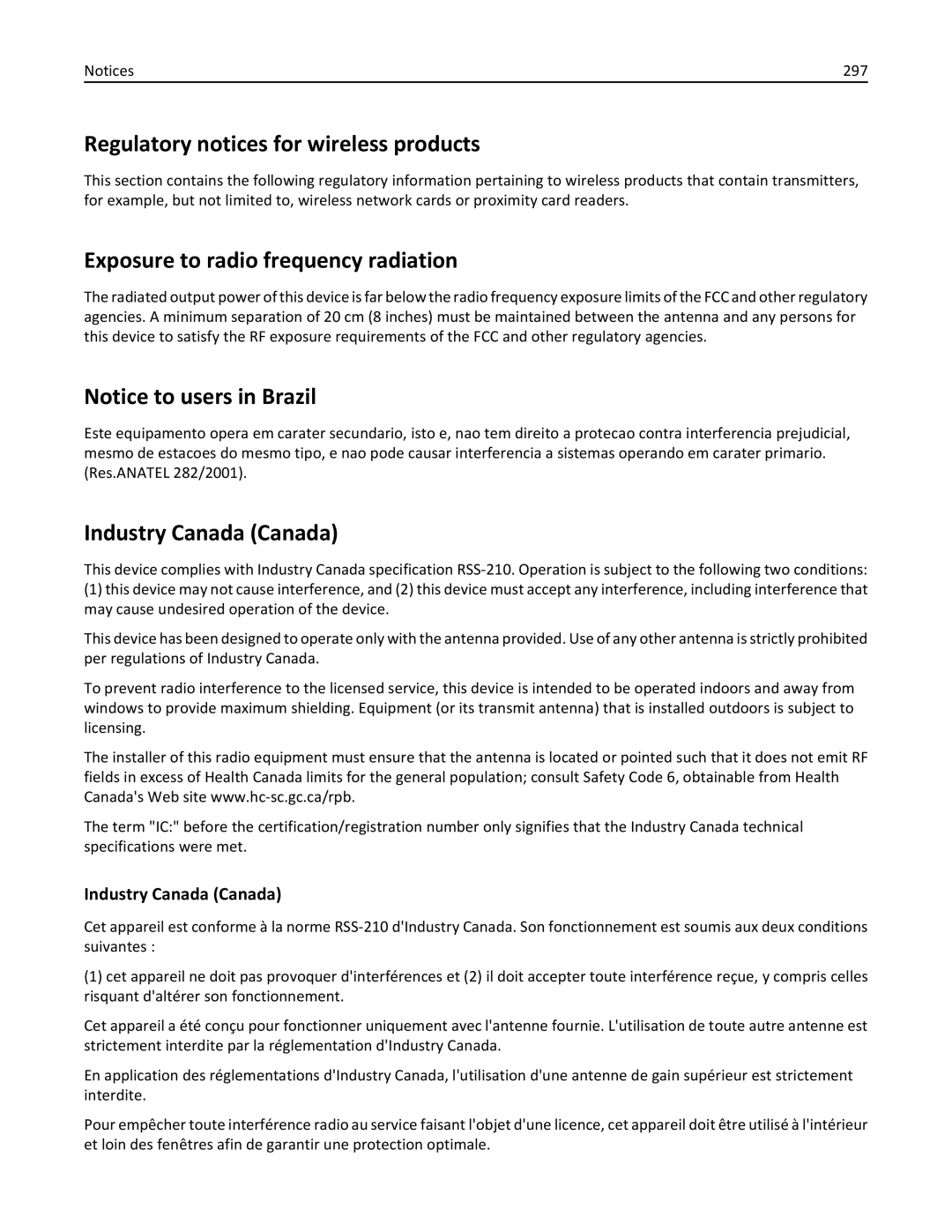 Lexmark 432 Regulatory notices for wireless products, Exposure to radio frequency radiation, Industry Canada Canada, 297 