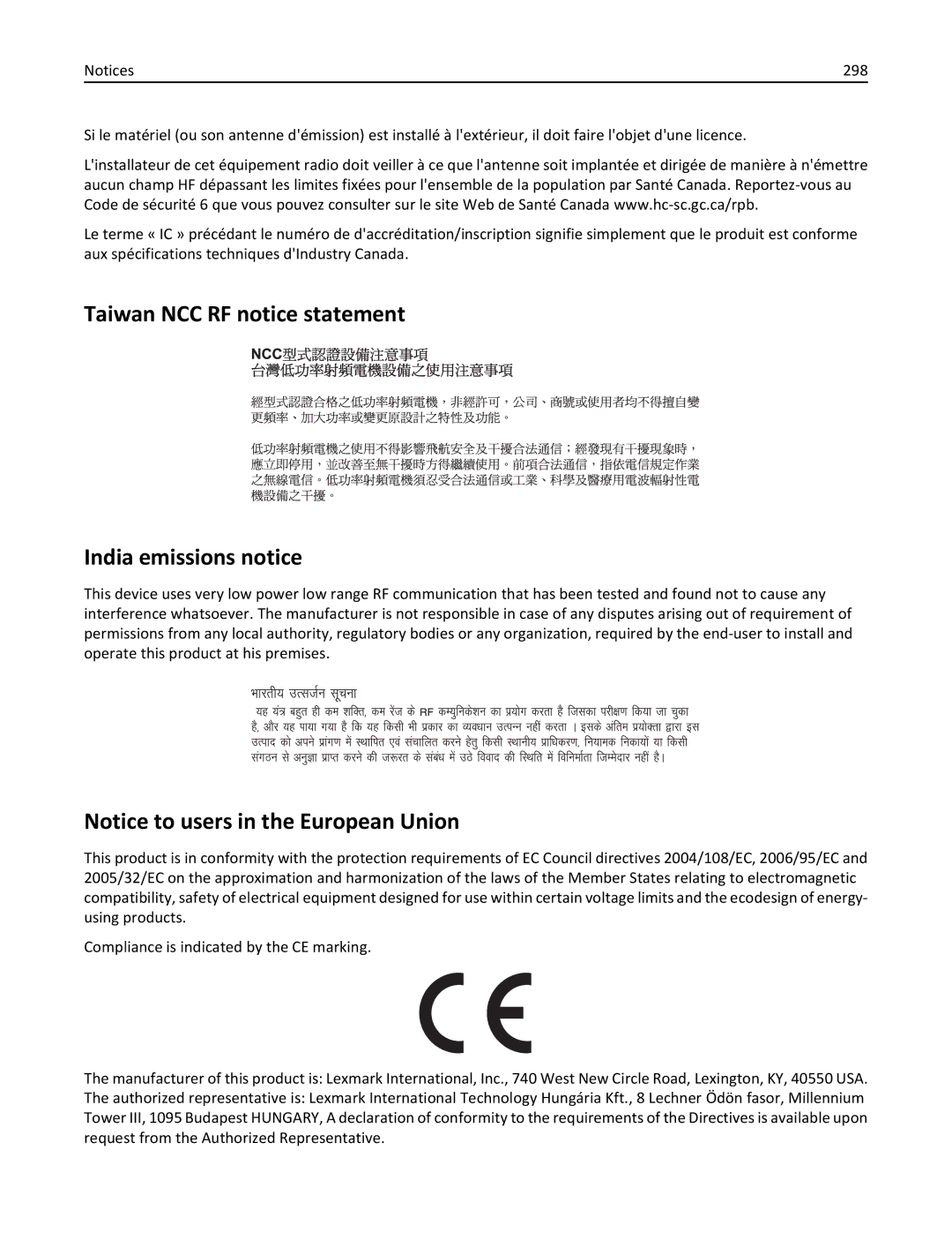 Lexmark 19Z0101, 432, 632, 832, X860DE, X862DE, X864DE, 19Z4028 manual Taiwan NCC RF notice statement India emissions notice, 298 