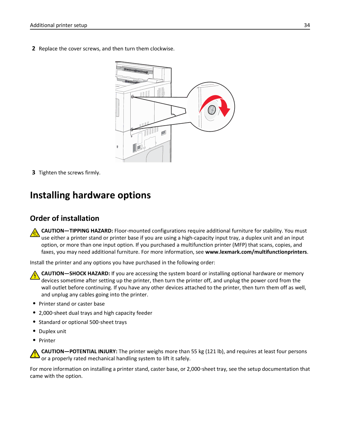 Lexmark 19Z0101, 432, 632, 832, X860DE, X862DE, X864DE, 19Z4028, 19Z0202 manual Installing hardware options, Order of installation 