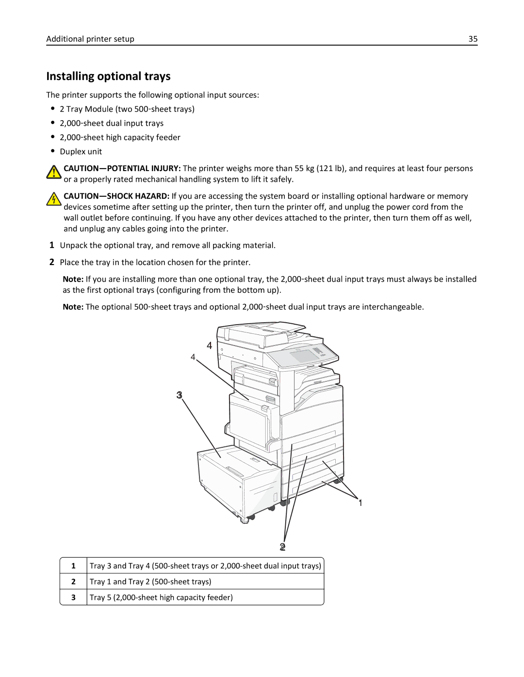 Lexmark 632, 432, 19Z0101, 832, X860DE, X862DE, X864DE, 19Z4028, 19Z0202 manual Installing optional trays, Additional printer setup 