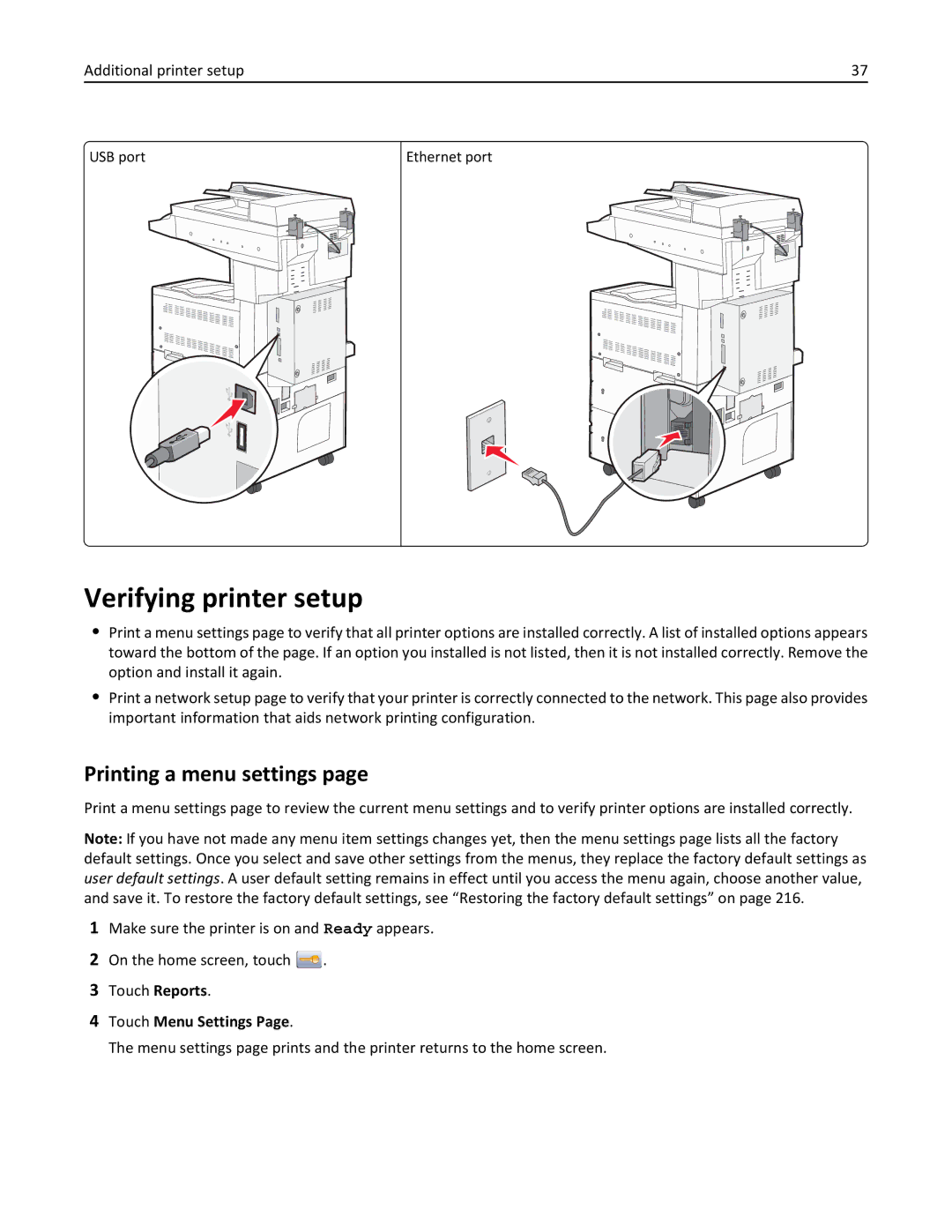 Lexmark X860DE, 432, 19Z0101, 632, 832, X862DE, X864DE Verifying printer setup, Printing a menu settings, Touch Menu Settings 