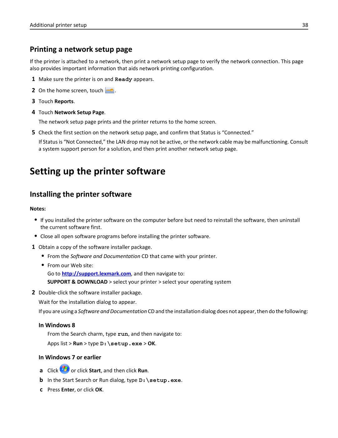 Lexmark X862DE, 432 Setting up the printer software, Printing a network setup, Installing the printer software, Windows 