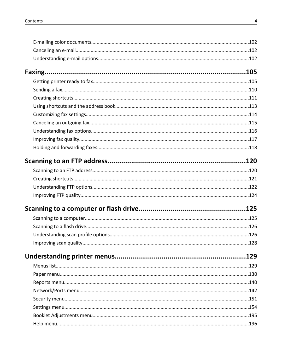 Lexmark X860DE, 432 Faxing, Scanning to an FTP address, Scanning to a computer or flash drive, Understanding printer menus 