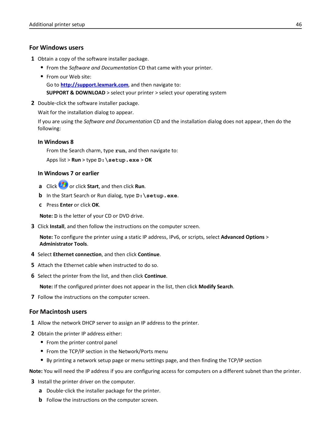 Lexmark 632, 432, 19Z0101, 832, X860DE, X862DE, X864DE For Windows users, Select Ethernet connection, and then click Continue 