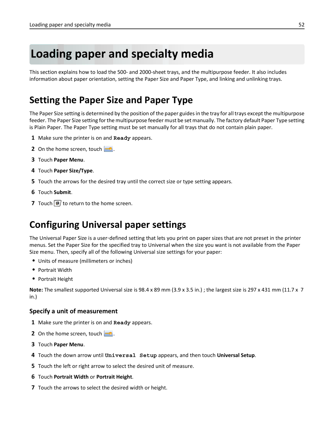 Lexmark 19Z0202 Loading paper and specialty media, Setting the Paper Size and Paper Type, Specify a unit of measurement 