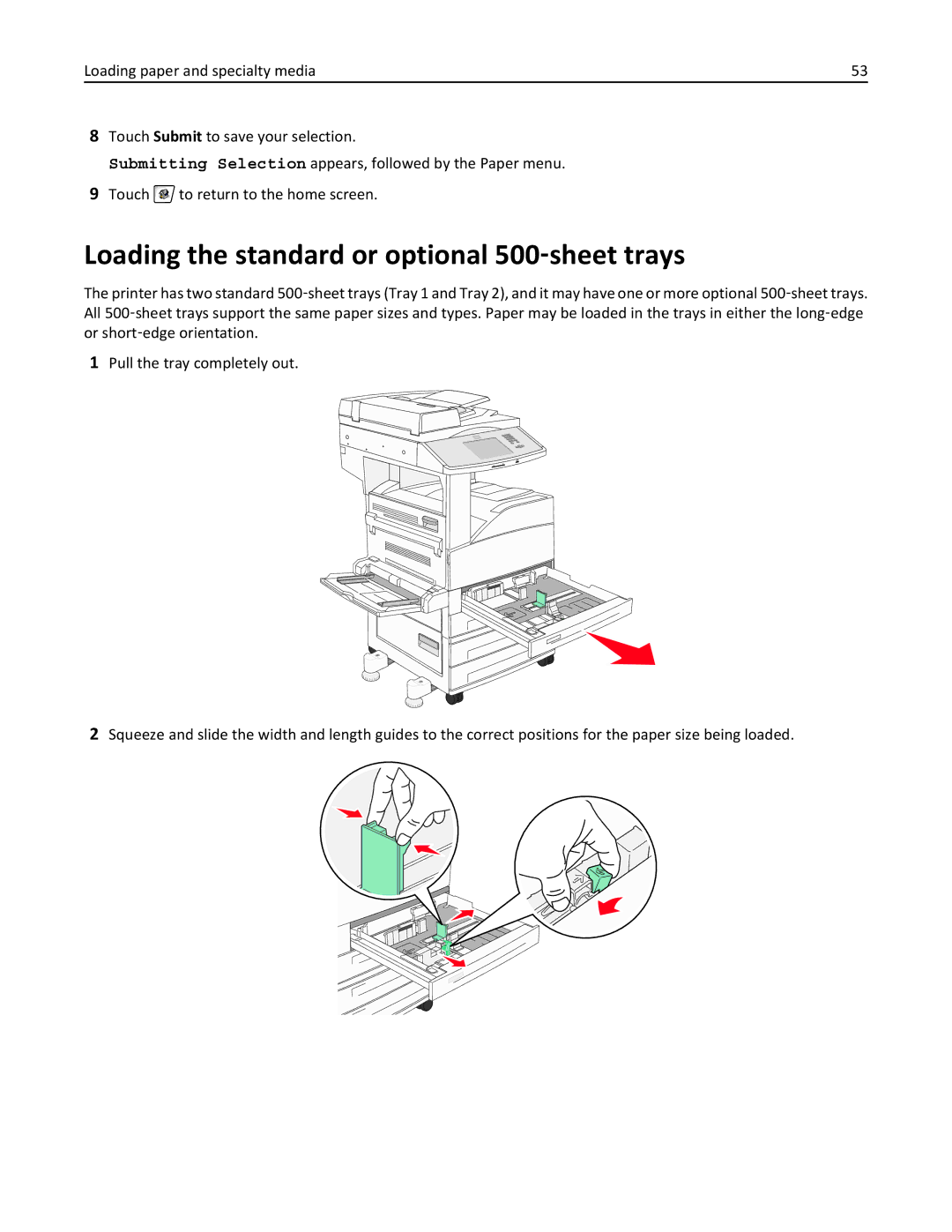 Lexmark 19Z0200, 432, 19Z0101, 632, 832, X860DE, X862DE, X864DE, 19Z4028, 19Z0202 Loading the standard or optional 500‑sheet trays 