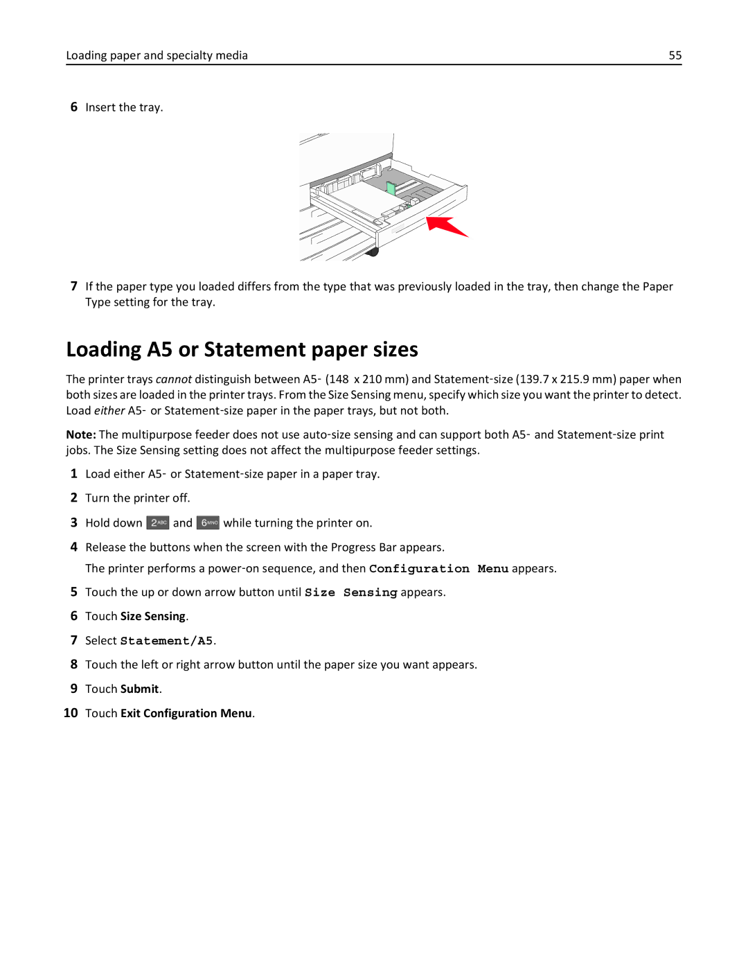 Lexmark 432, 19Z0101, 632, 832, X860DE Loading A5 or Statement paper sizes, Touch Size Sensing, Touch Exit Configuration Menu 