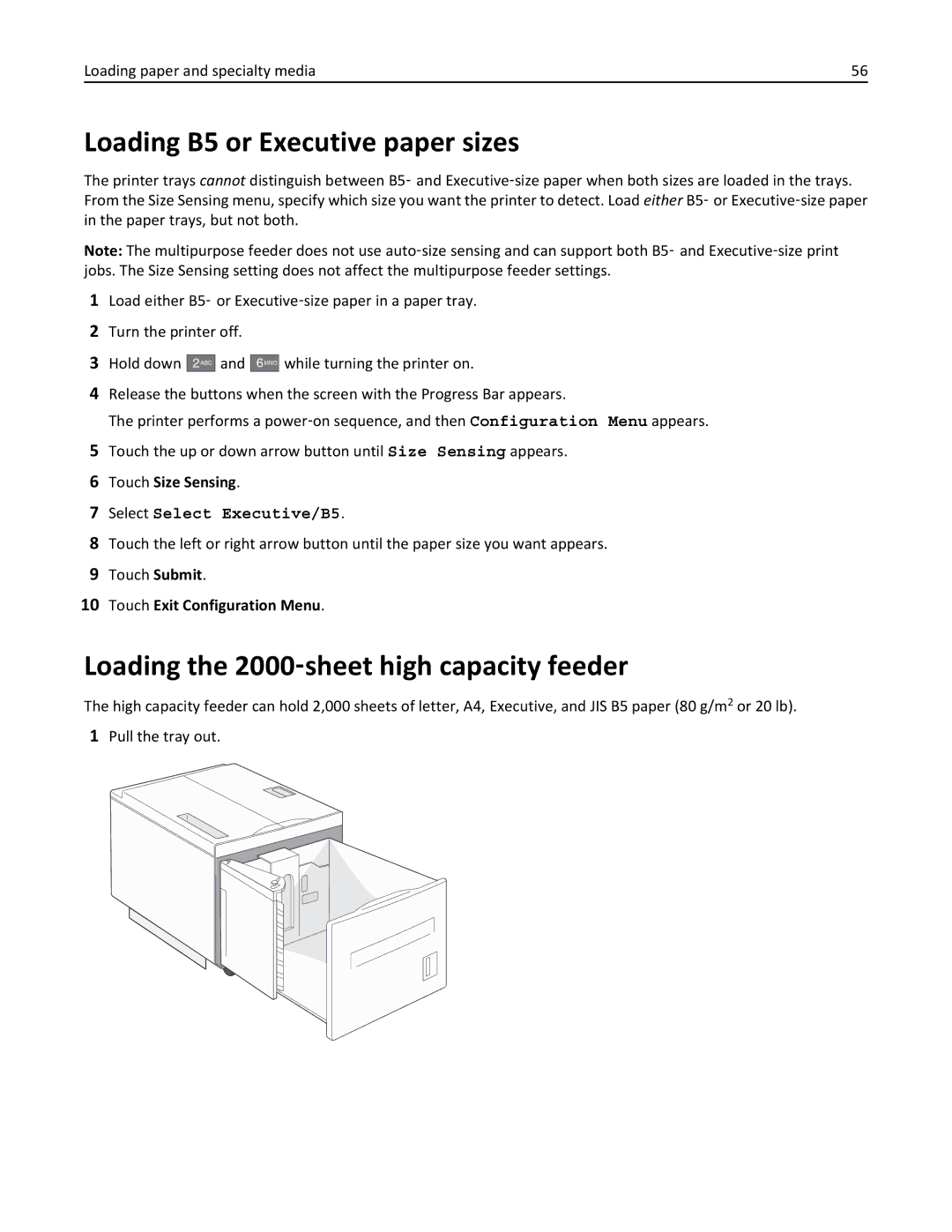 Lexmark 19Z0101, 432, 632, 832, X860DE manual Loading B5 or Executive paper sizes, Loading the 2000‑sheet high capacity feeder 