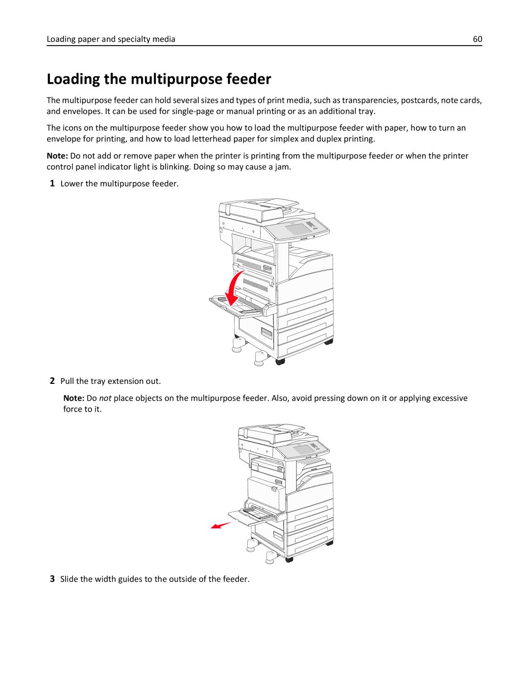 Lexmark X862DE, 432, 19Z0101, 632, 832, X860DE, X864DE manual Loading the multipurpose feeder, Loading paper and specialty media 