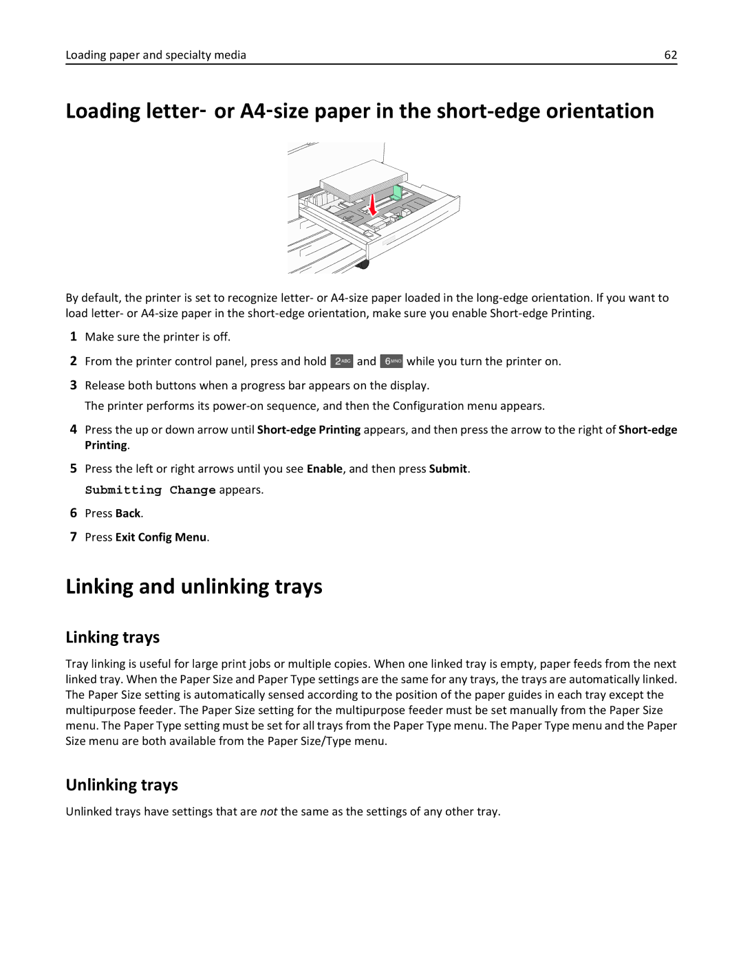 Lexmark 19Z4028, 432, 19Z0101, 632, 832 Linking and unlinking trays, Linking trays, Unlinking trays, Press Exit Config Menu 