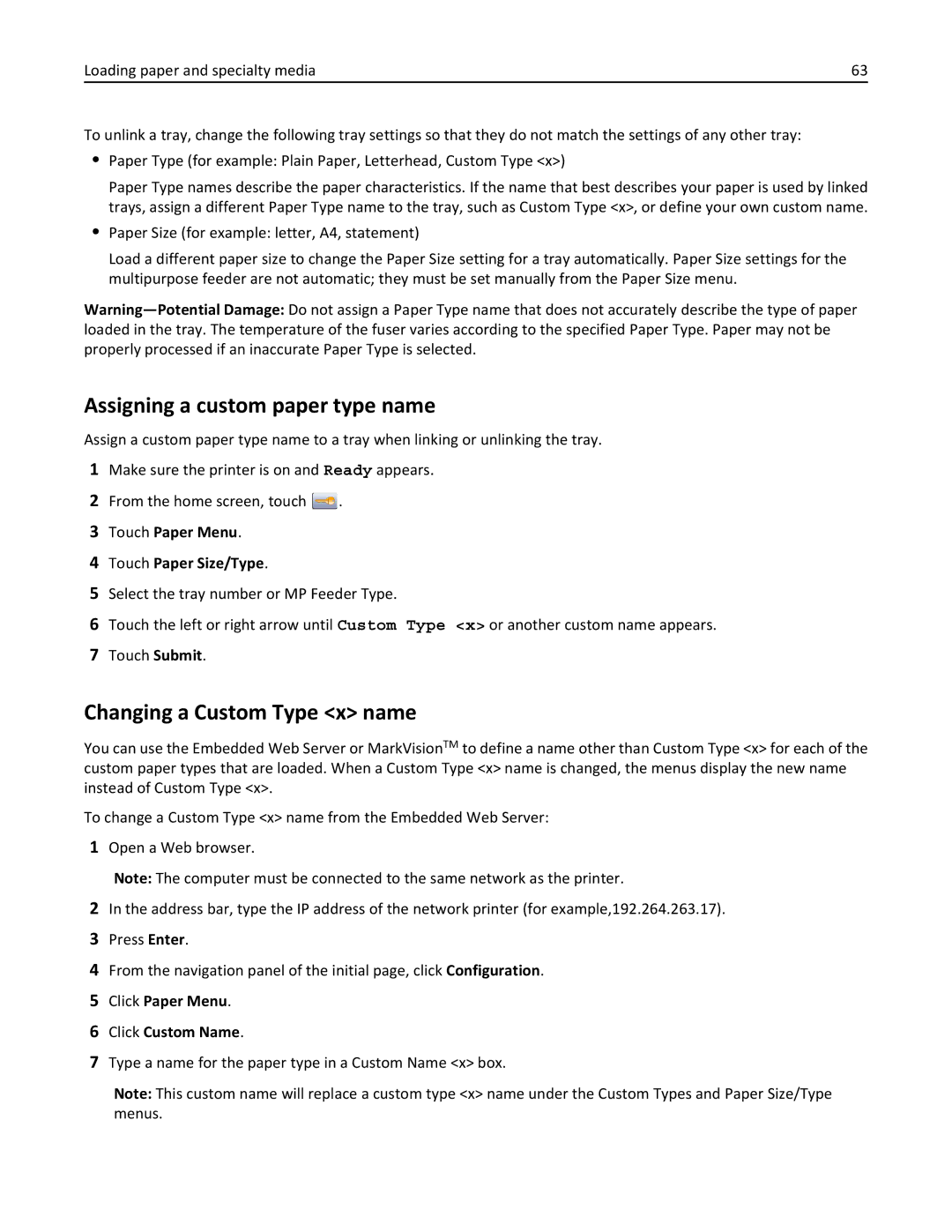 Lexmark 19Z0202, 432 Assigning a custom paper type name, Changing a Custom Type x name, Click Paper Menu Click Custom Name 