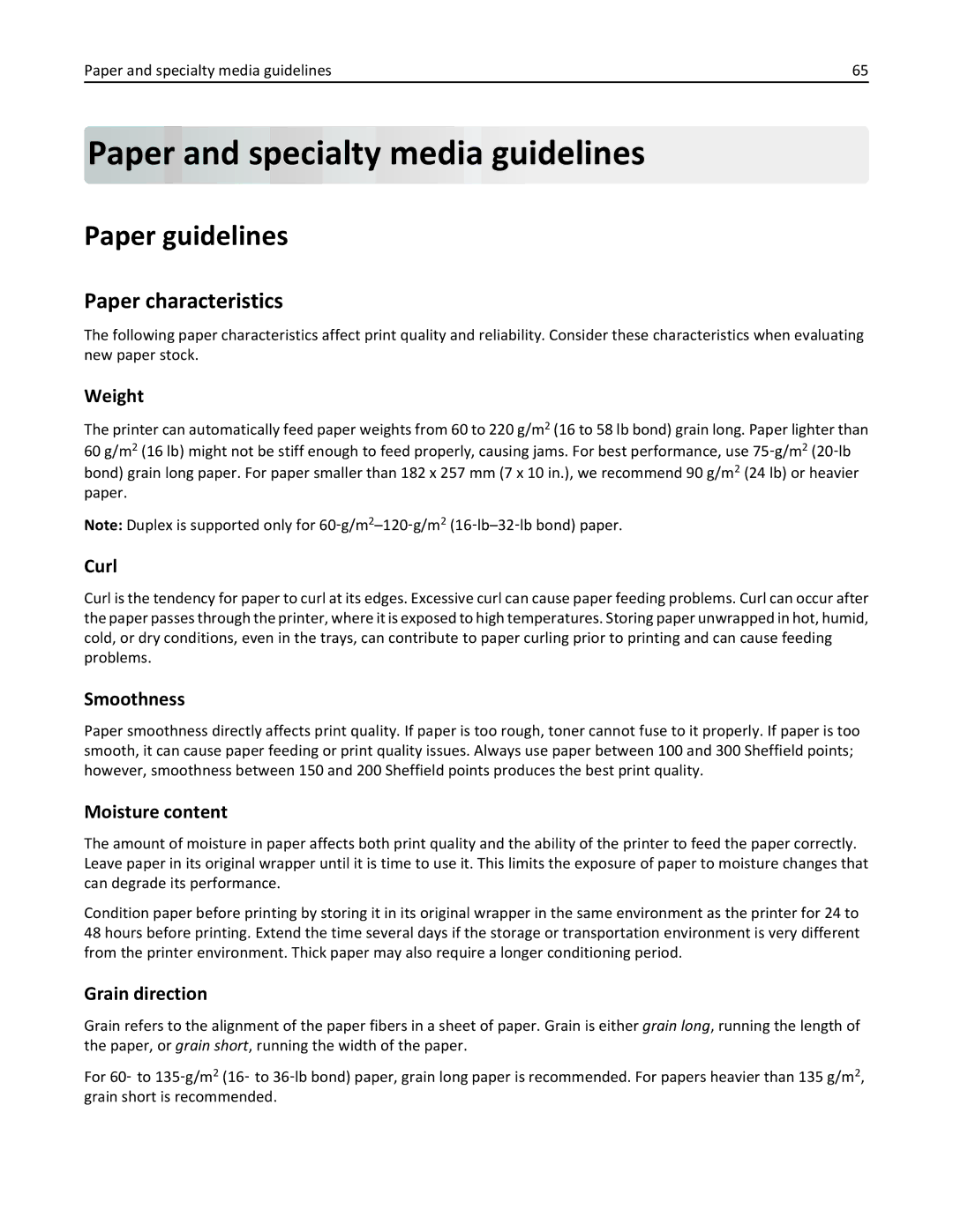 Lexmark 19Z0102, 432, 19Z0101, 632, 832, X860DE Paper and specialty media guidelines, Paper guidelines, Paper characteristics 