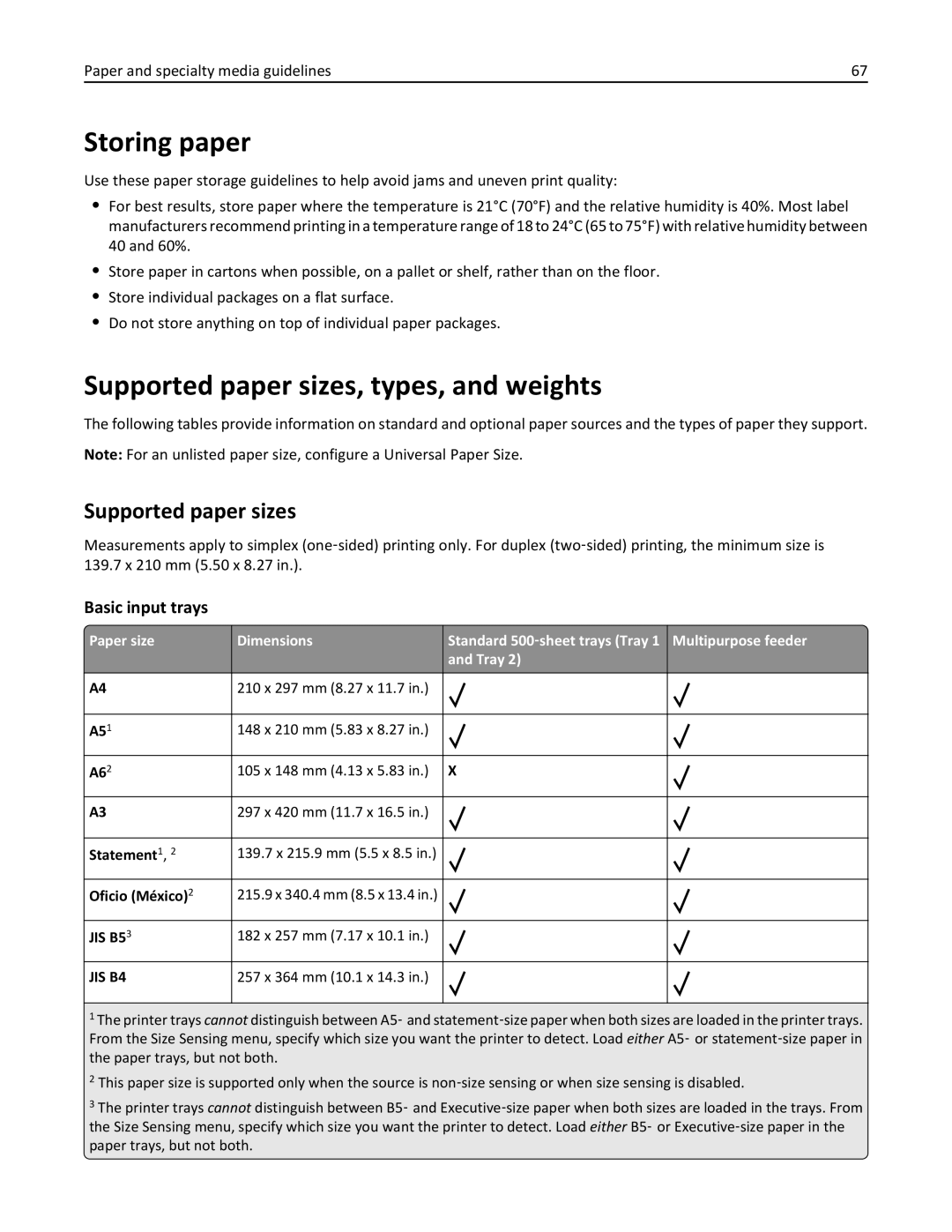 Lexmark 19Z0101, 432, 632, 832, X860DE, X862DE Storing paper, Supported paper sizes, types, and weights, Basic input trays 