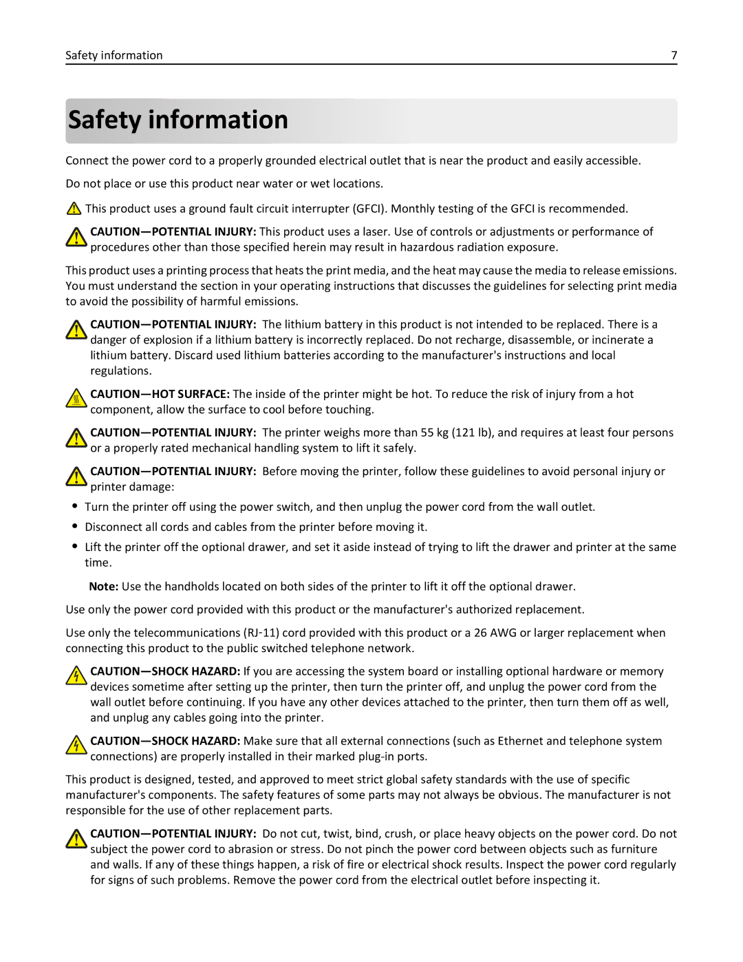 Lexmark 19Z4028, 432, 19Z0101, 632, 832, X860DE, X862DE, X864DE, 19Z0202, 19Z0200, 19Z0102 manual Safety information 