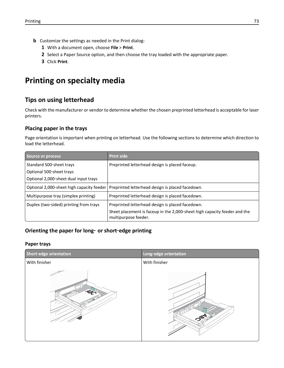 Lexmark 19Z4028, 432, 632 Printing on specialty media, Tips on using letterhead, Placing paper in the trays, Paper trays 