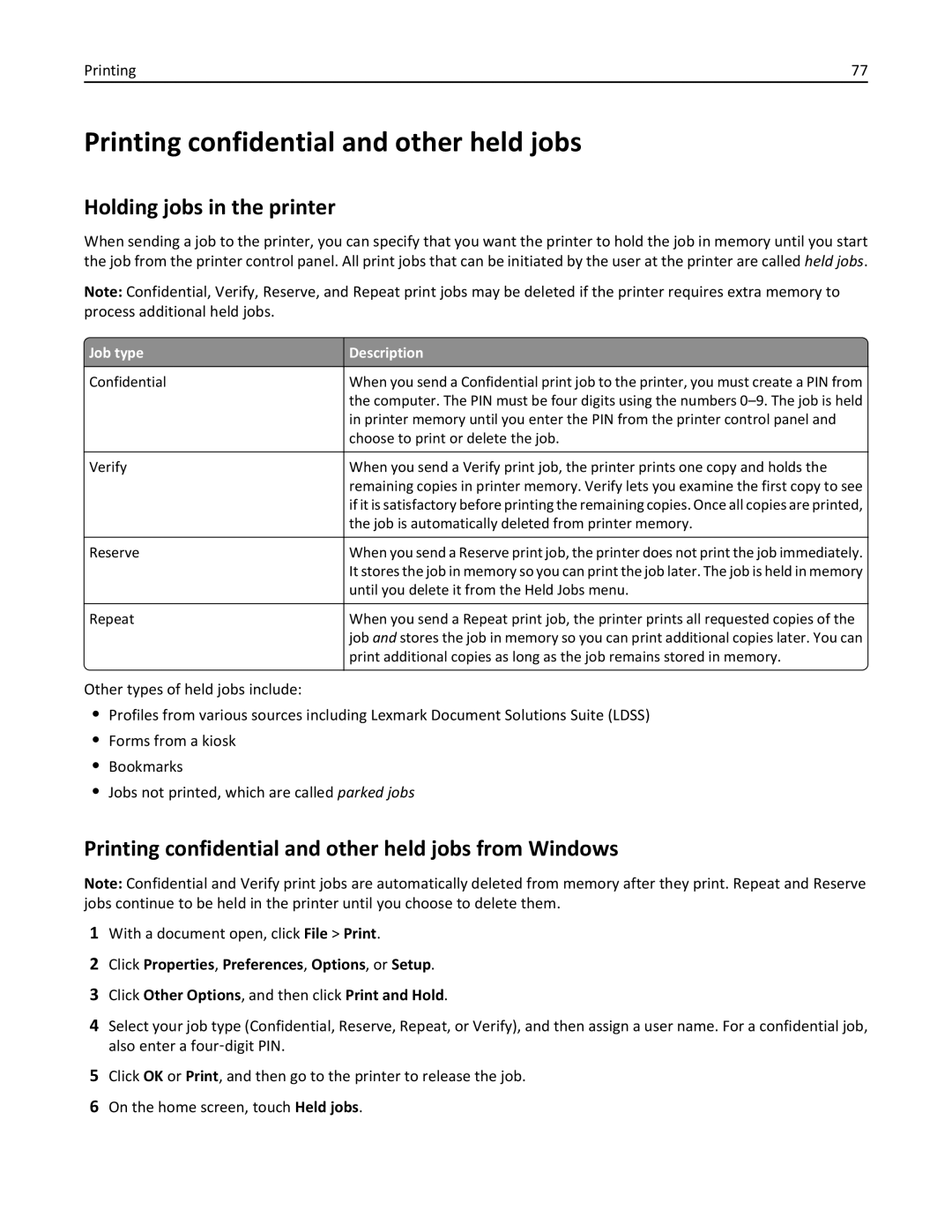 Lexmark 432, 19Z0101, 632, 832, X860DE manual Printing confidential and other held jobs, Holding jobs in the printer, Job type 