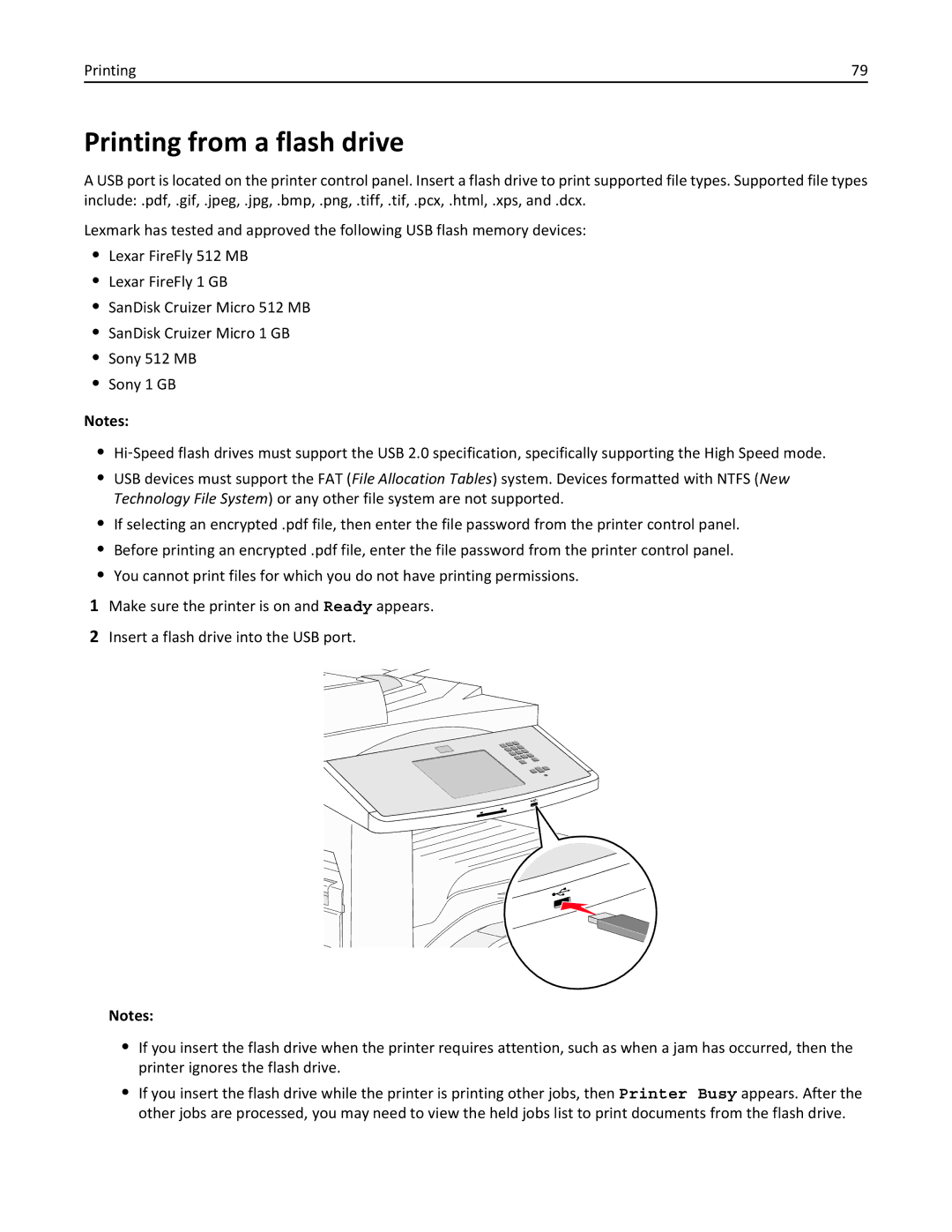 Lexmark 632, 432, 19Z0101, 832, X860DE, X862DE, X864DE, 19Z4028, 19Z0202, 19Z0200, 19Z0102 manual Printing from a flash drive 