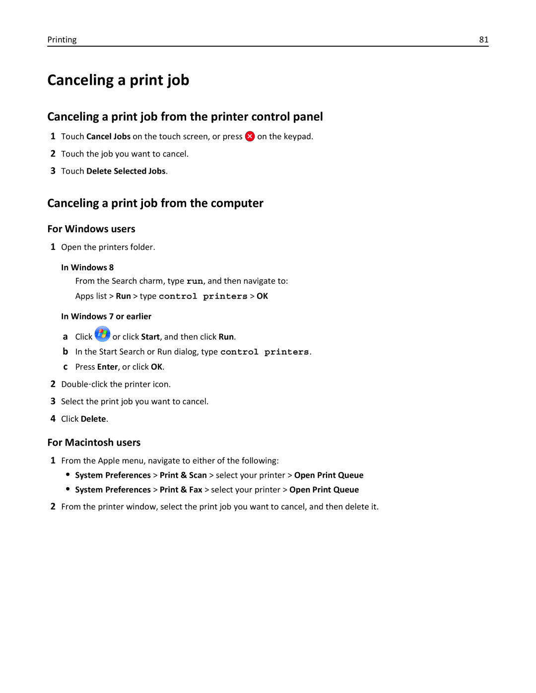 Lexmark X860DE, 432, 632 Canceling a print job from the printer control panel, Canceling a print job from the computer 